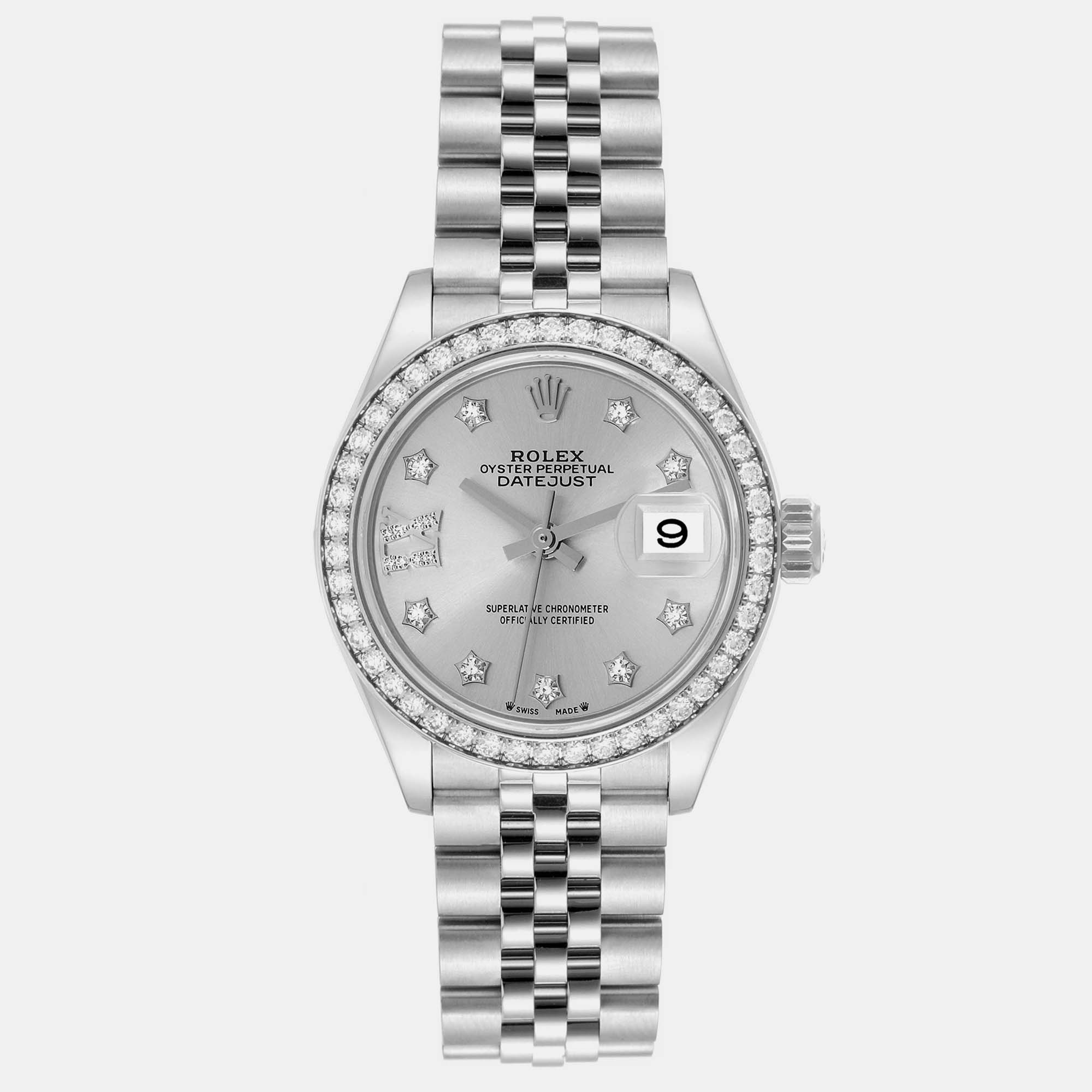 Rolex Datejust Steel White Gold Silver Dial Diamond Ladies Watch 279384 28 Mm