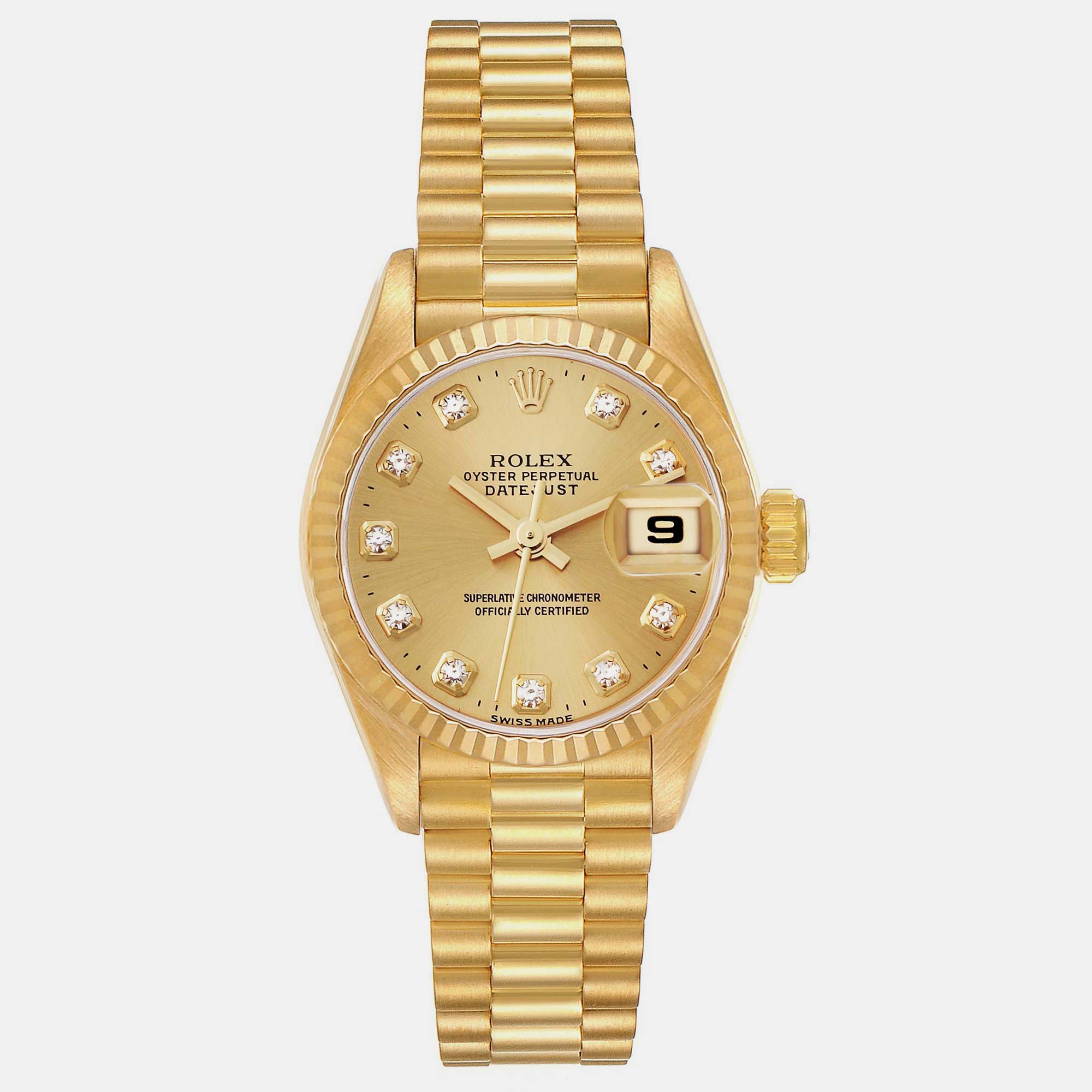 Rolex Datejust President Diamond Dial Yellow Gold Ladies Watch 69178 26 Mm