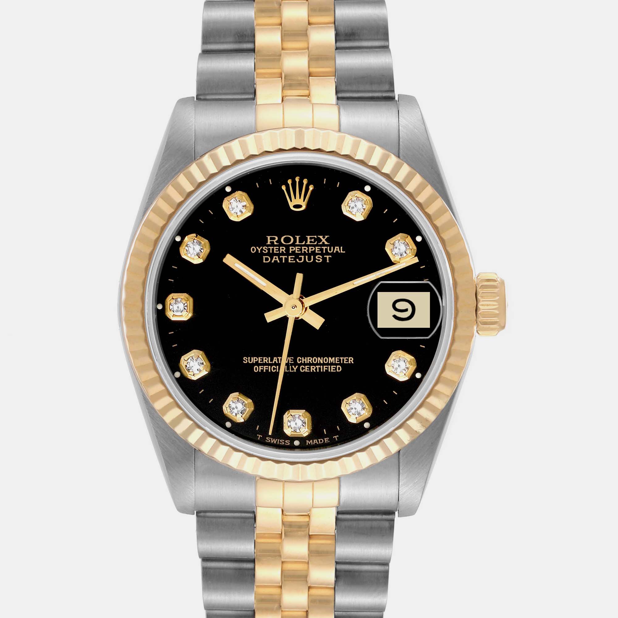 Rolex Datejust Midsize Steel Yellow Gold Black Diamond Ladies Watch 68273