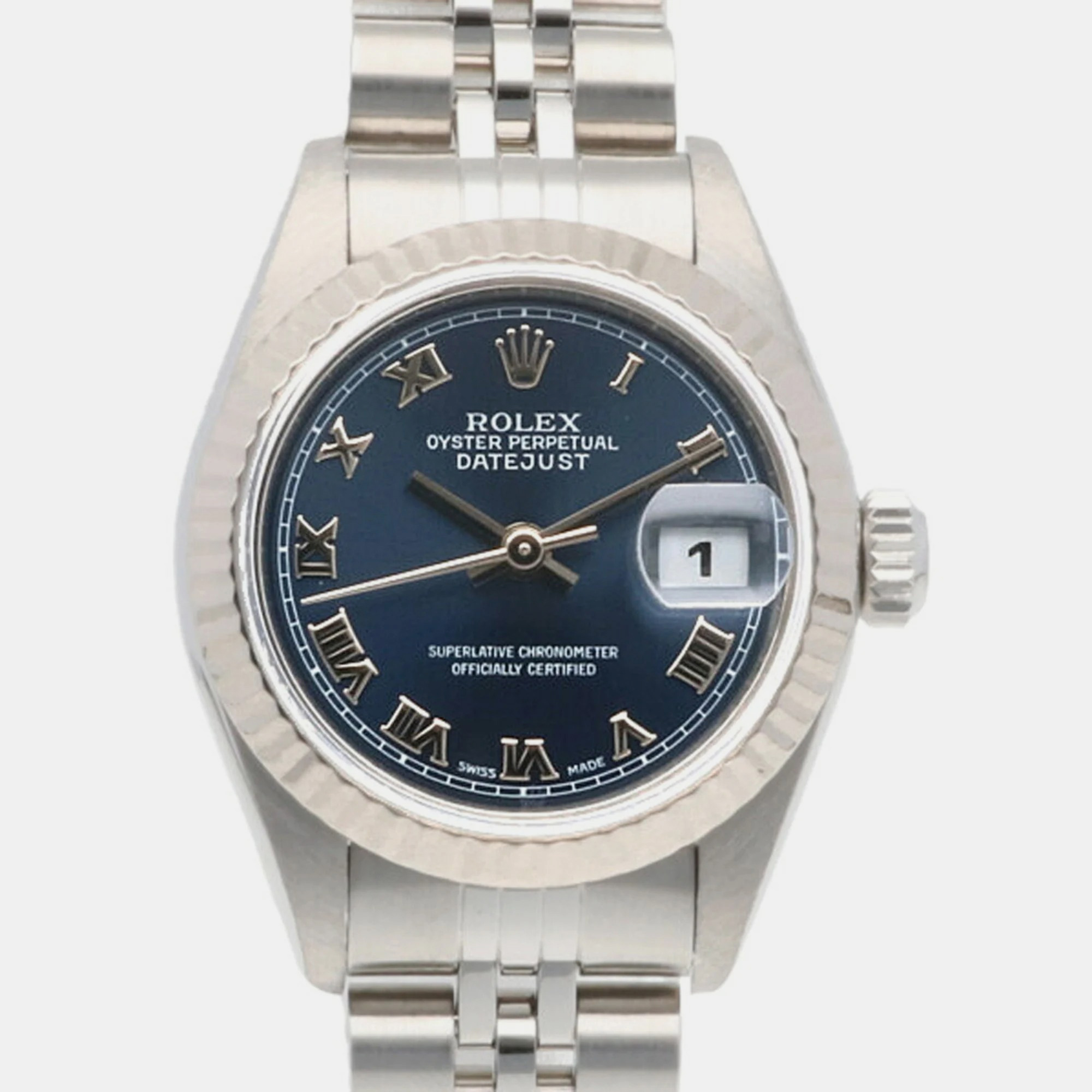 Rolex Blue 18K White Gold And Stainless Steel Datejust 79174 Automatic Women's Wristwatch 26 Mm