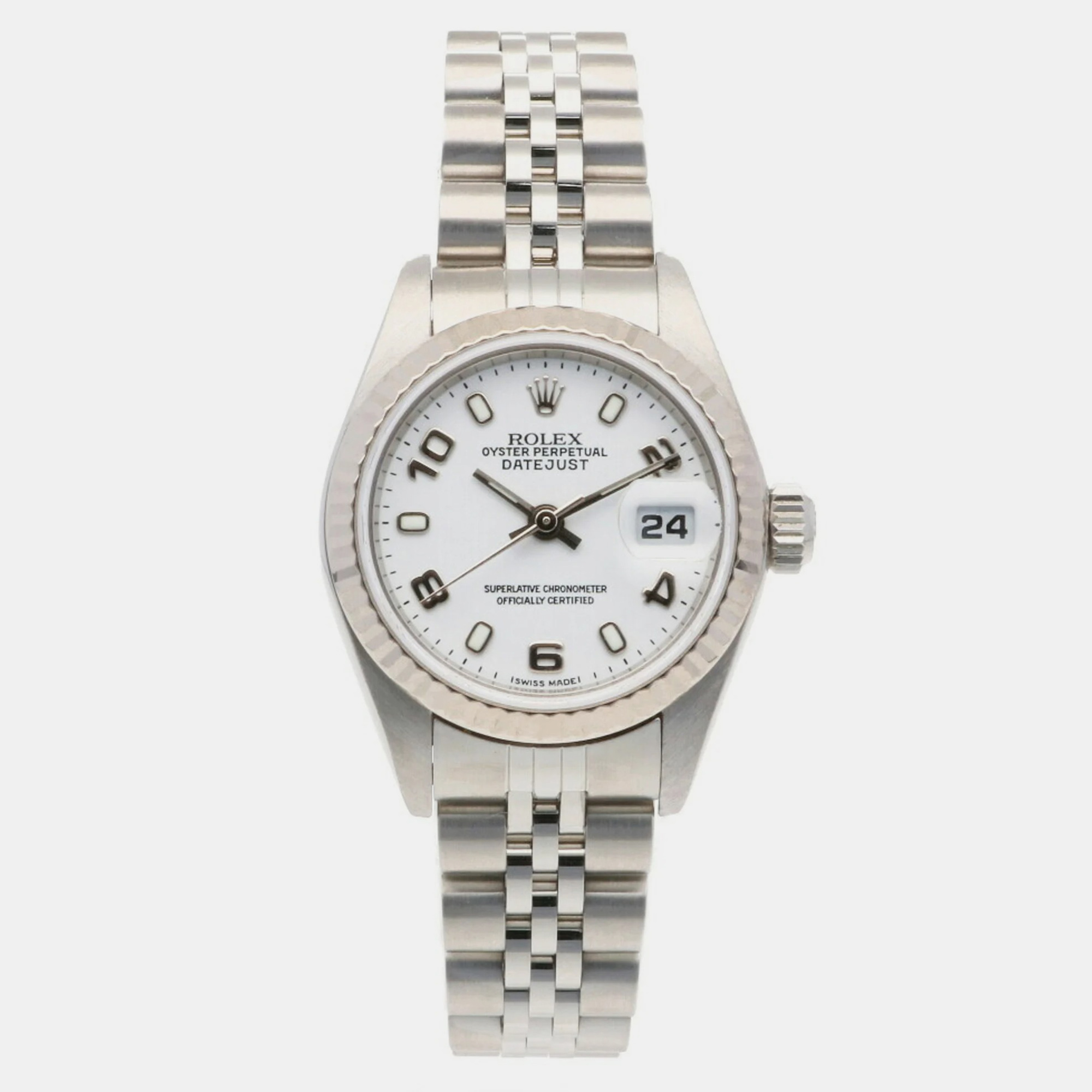 Rolex White 18K White Gold And Stainless Steel Datejust 79174 Automatic Women's Wristwatch 26 Mm