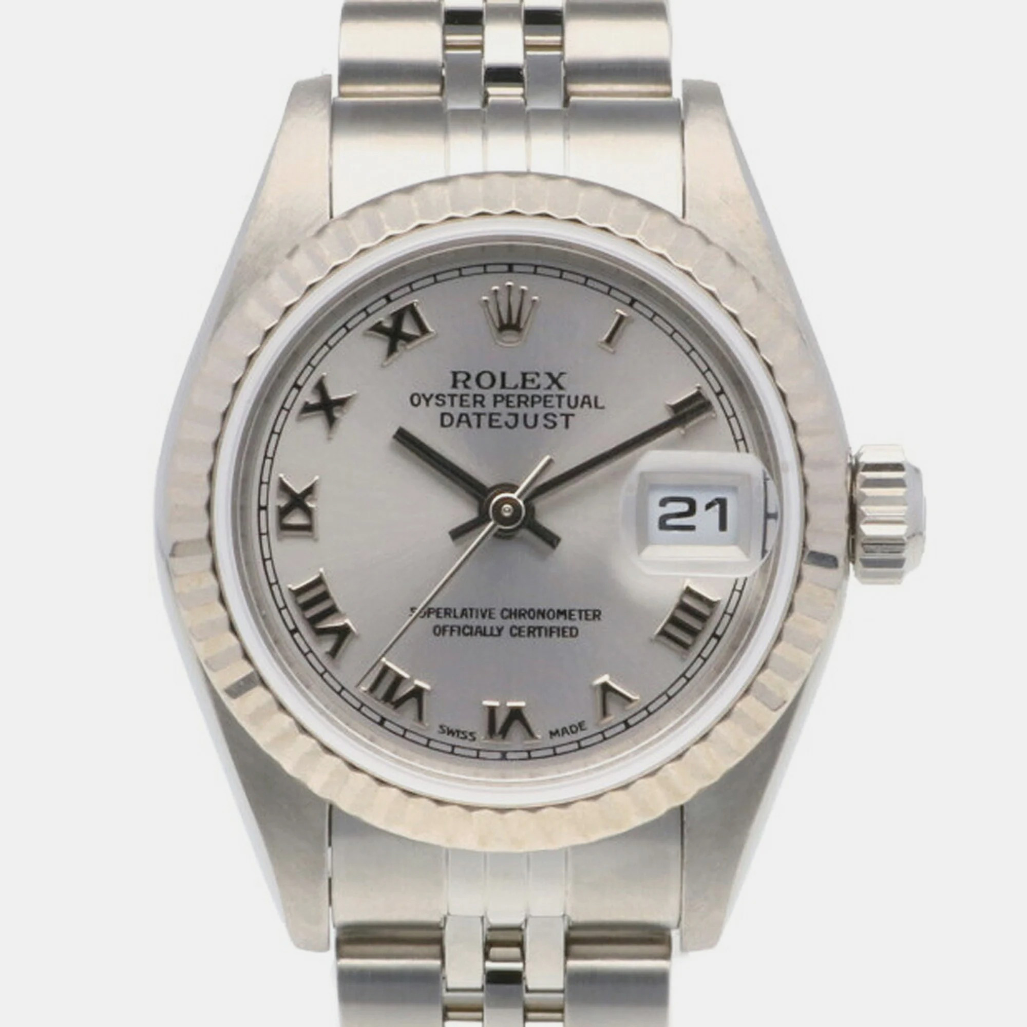 Rolex Silver 18K White Gold And Stainless Steel Datejust 79174 Automatic Women's Wristwatch 26 Mm