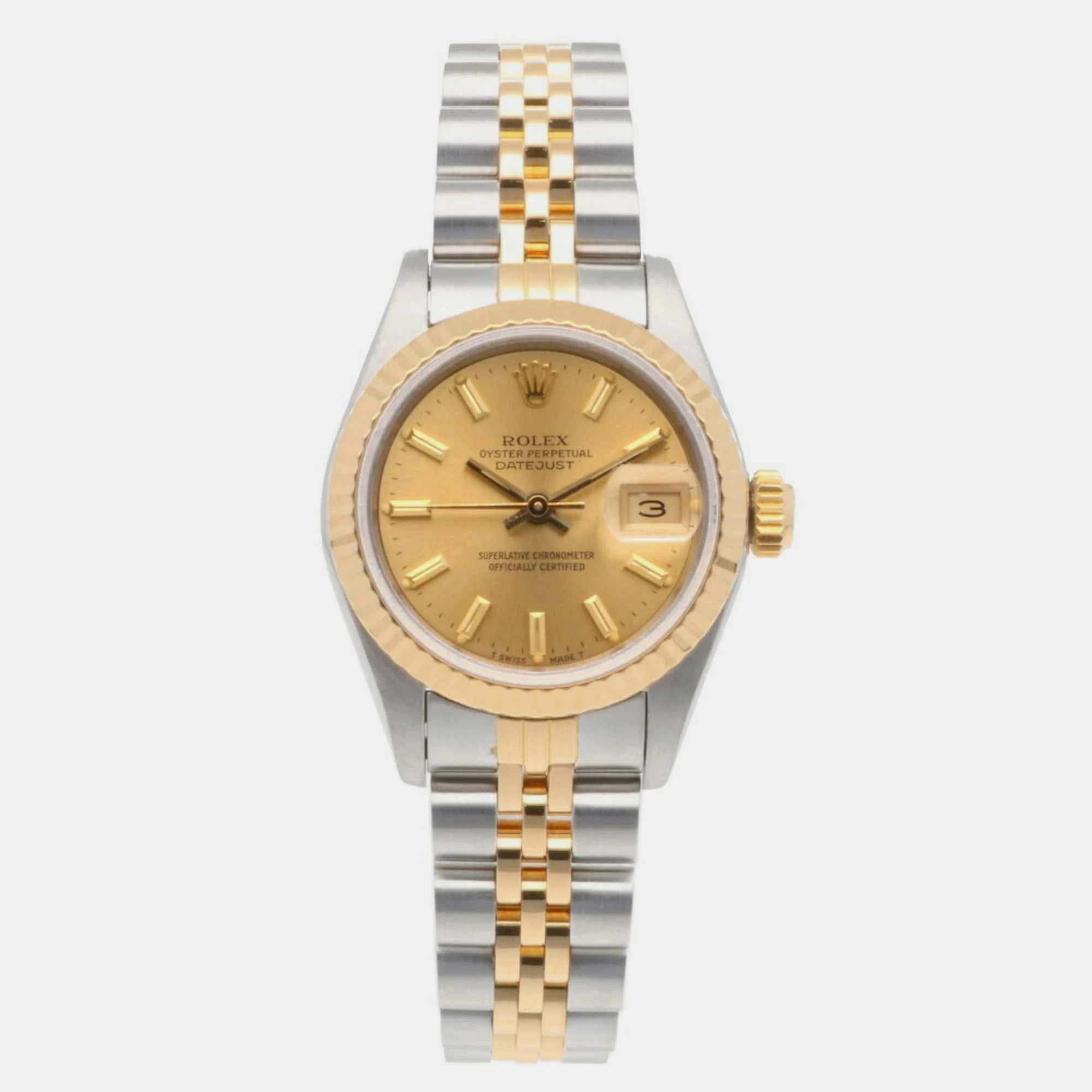 Rolex champagne 18k yellow gold stainless steel datejust 69173 automatic women's wristwatch 26 mm