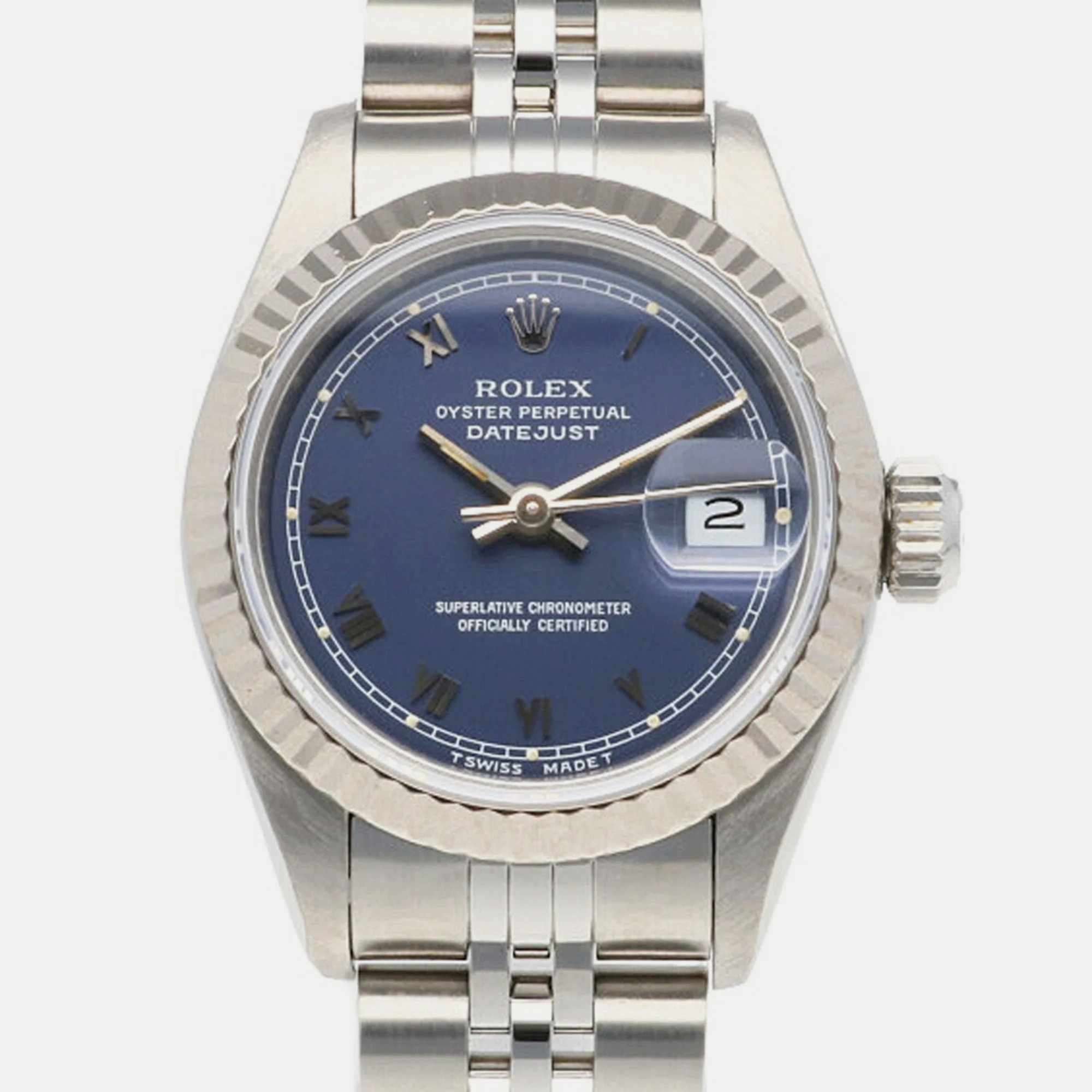 Rolex Blue Stainless Steel Datejust 69174 Automatic Women's Wristwatch 28 Mm