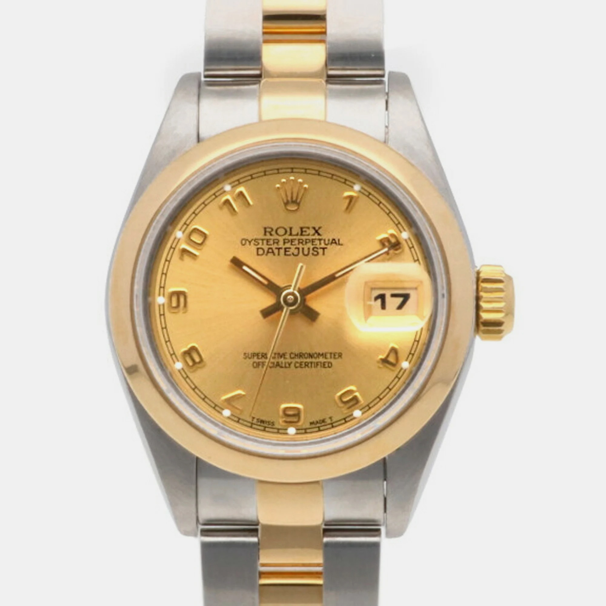 Rolex Champagne 18k Yellow Gold Stainless Steel Datejust 69163 Automatic Women's Wristwatch 26 Mm