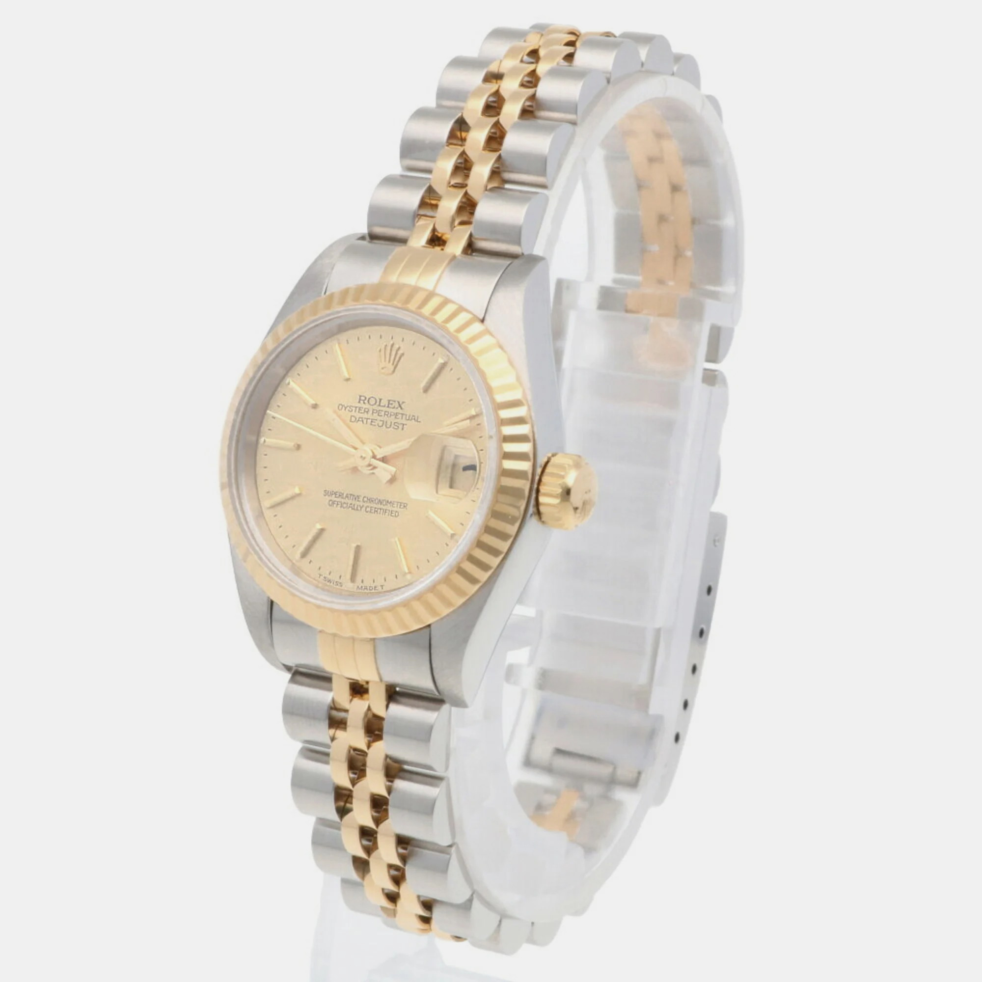 Rolex Champagne 18k Yellow Gold Stainless Steel Datejust 69173 Automatic Women's Wristwatch 26 mm
Rolex Champagne 18k Yellow Gold Stainless Steel Datejust 69173 Automatic Women's Wristwatch 26 mm