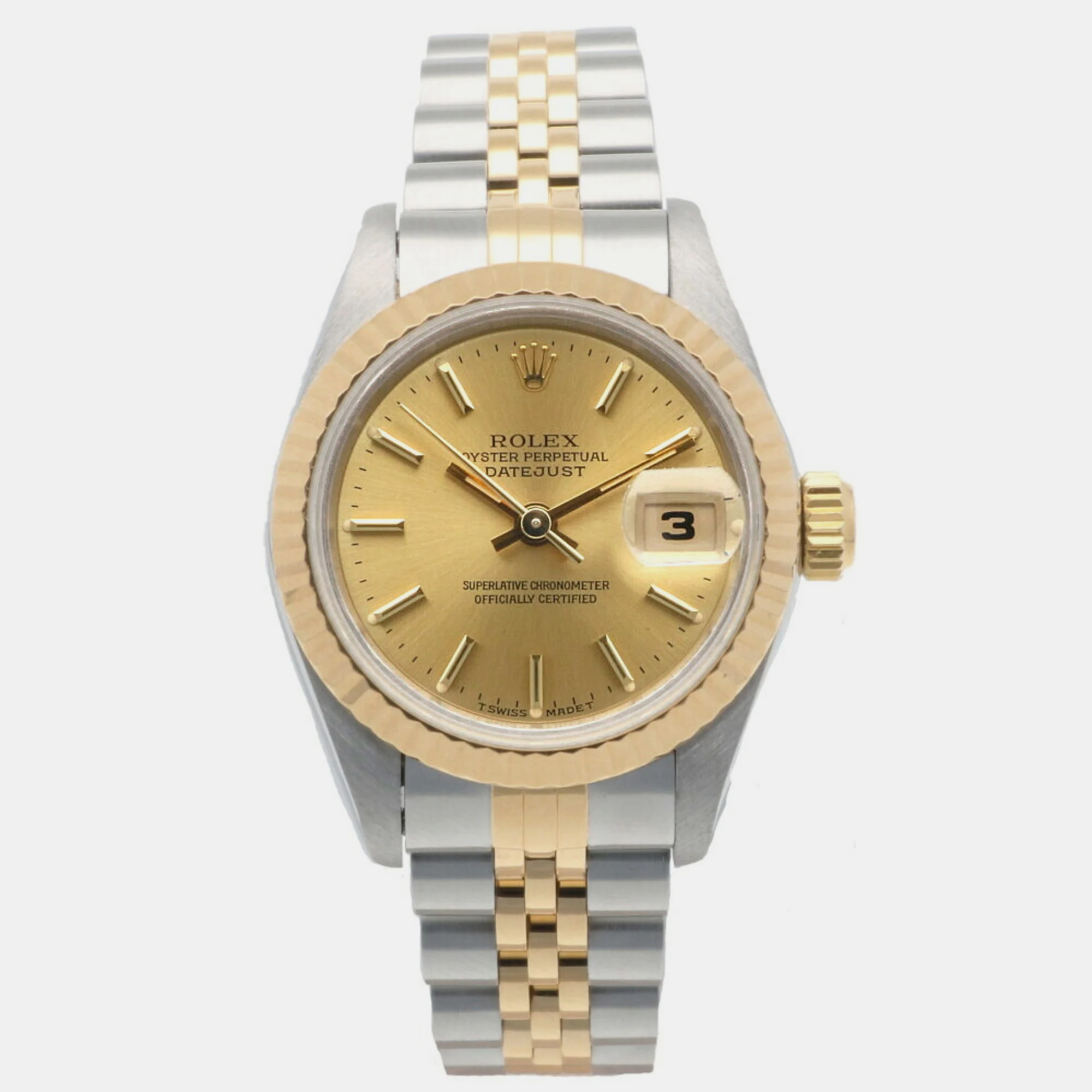 Rolex Champagne 18k Yellow Gold Stainless Steel Datejust 69173 Automatic Women's Wristwatch 26 Mm
