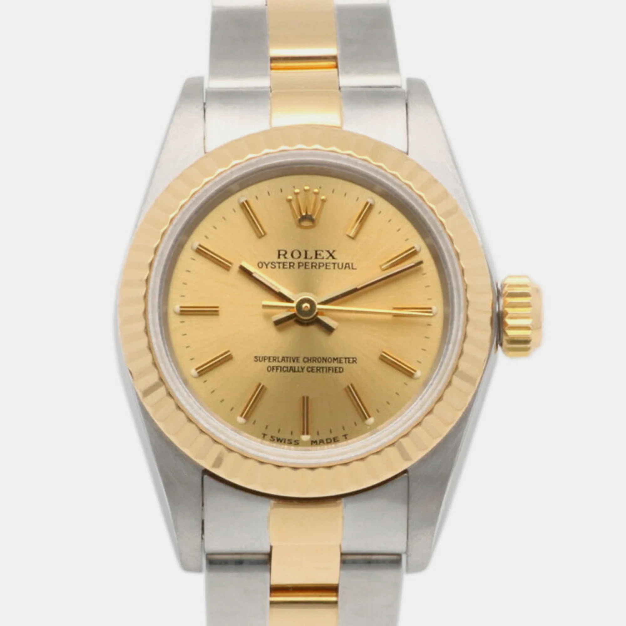Rolex Gold 18k Yellow Gold Stainless Steel Oyster Perpetual 67193 Automatic Women's Wristwatch 24.5 Mm