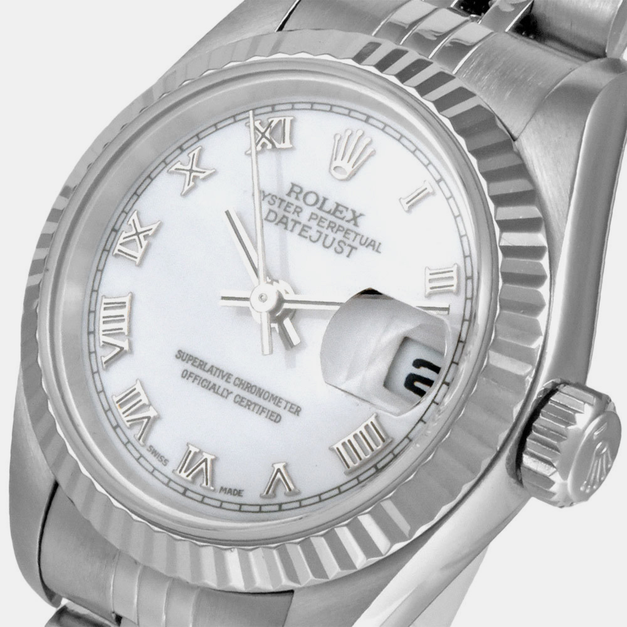 Rolex White Shell 18K White Gold Stainless Steel Datejust 79174 Automatic Women's Wristwatch 26 Mm