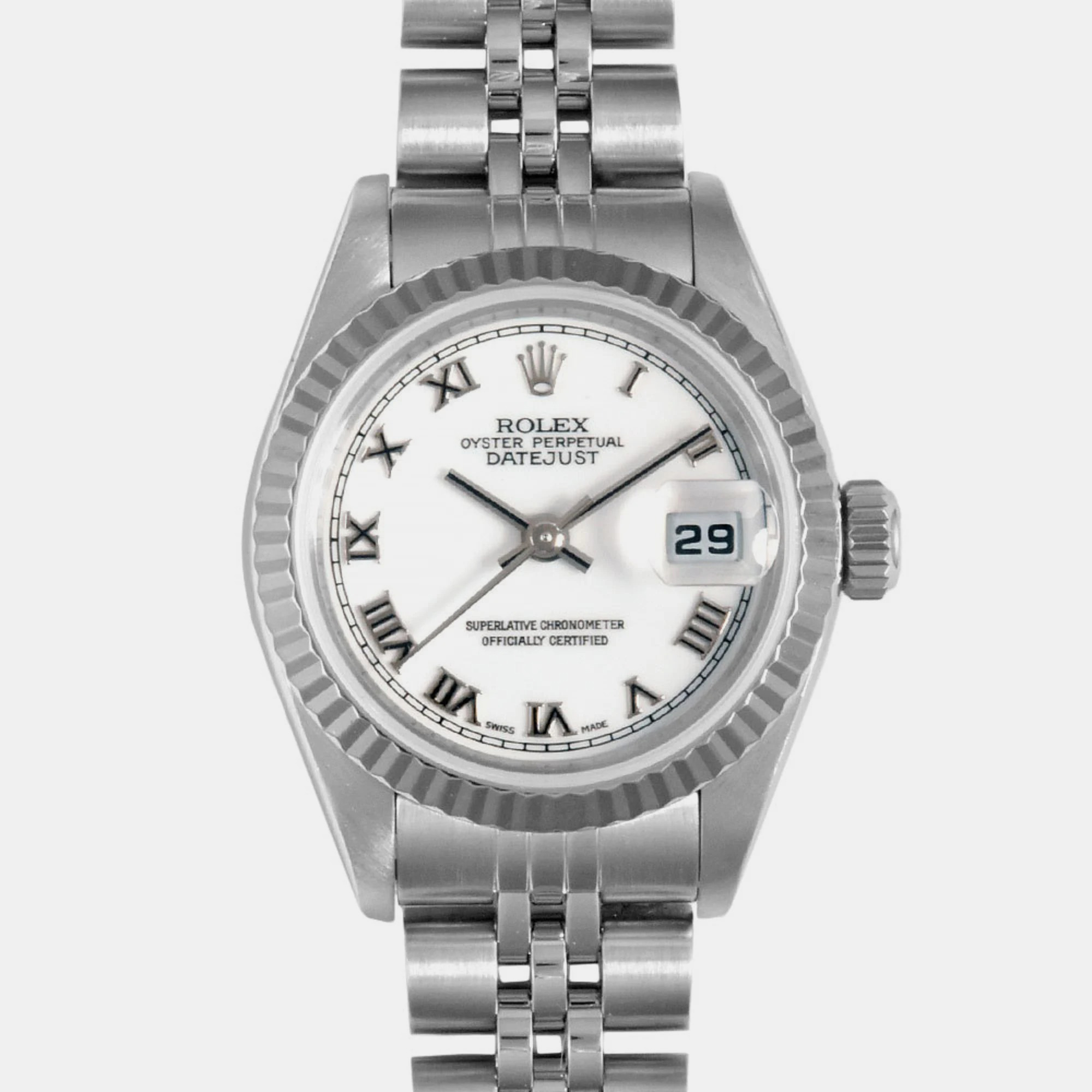 Rolex White Shell 18K White Gold Stainless Steel Datejust 79174 Automatic Women's Wristwatch 26 Mm