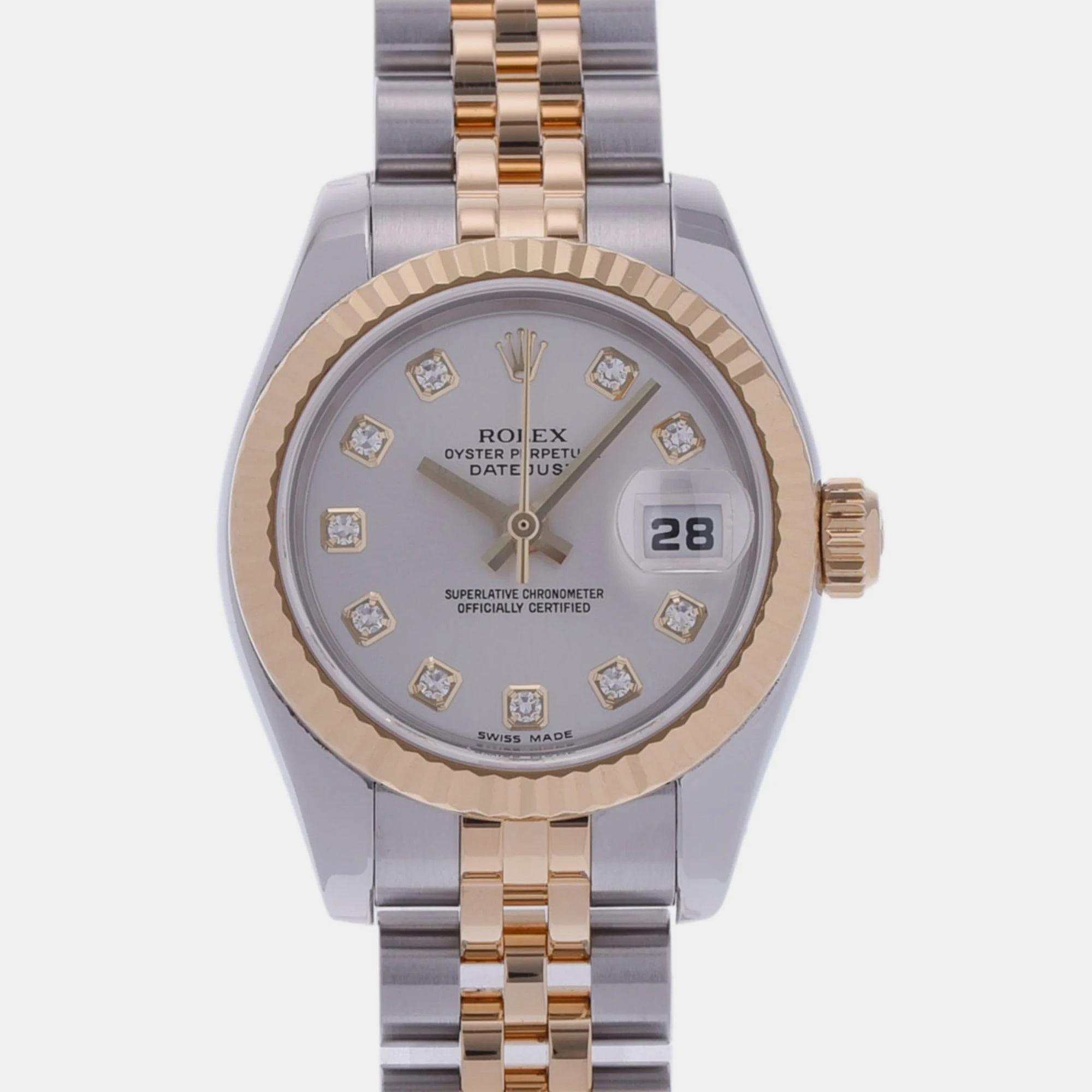 Rolex silver diamond 18k yellow gold stainless steel datejust 179173 automatic women's wristwatch 26 mm