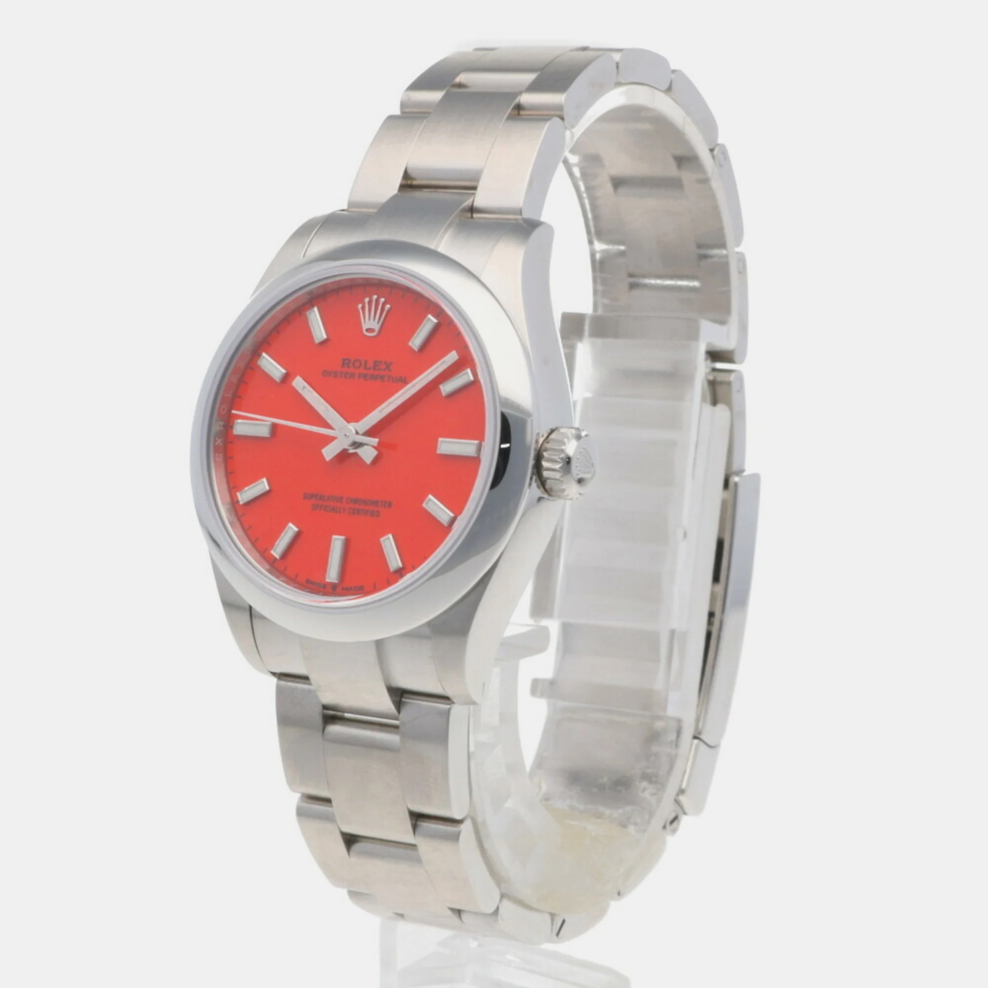 Rolex Red Stainless Steel Oyster Perpetual 277200 Automatic Women's Wristwatch 30 Mm