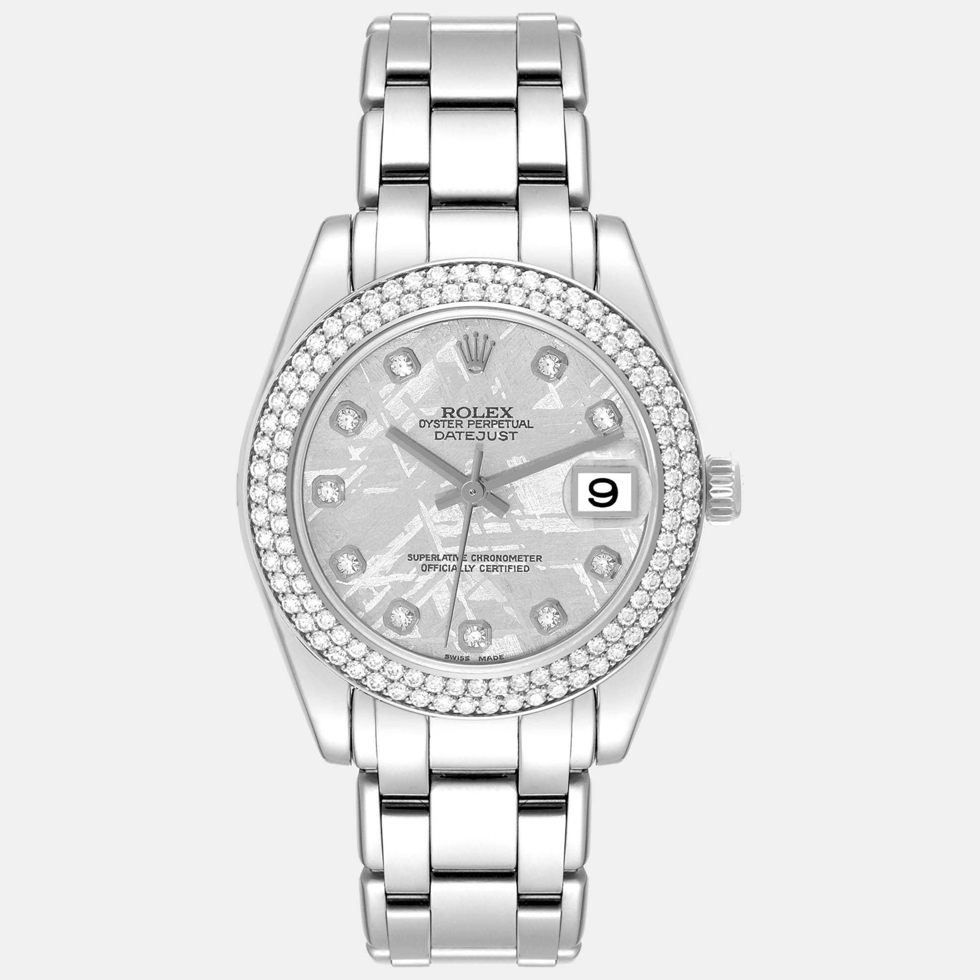 Rolex pearlmaster white gold meteorite dial diamond ladies watch 81339 34 mm