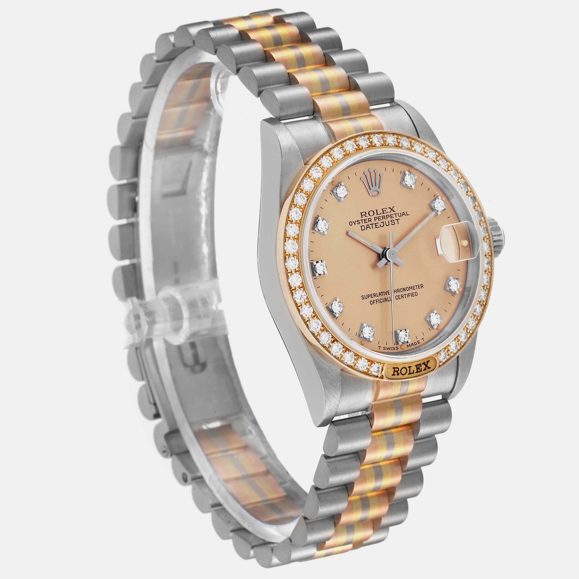 Rolex President Tridor Midsize White Yellow Rose Gold Diamond Ladies Watch 68149 31 Mm
