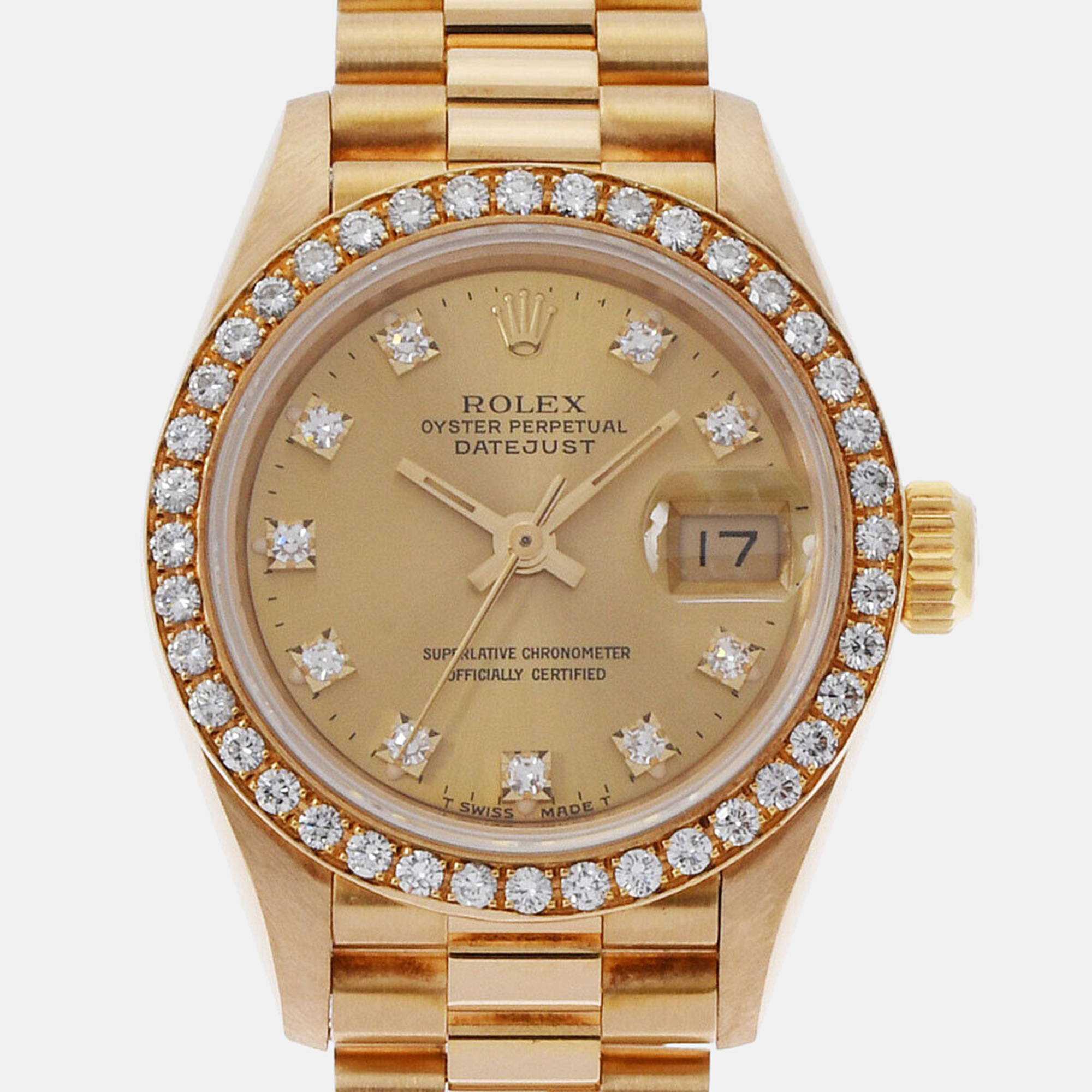 Rolex Champagne 18k Yellow Gold Diamond Datejust 69138 Automatic Women's Wristwatch 26 Mm