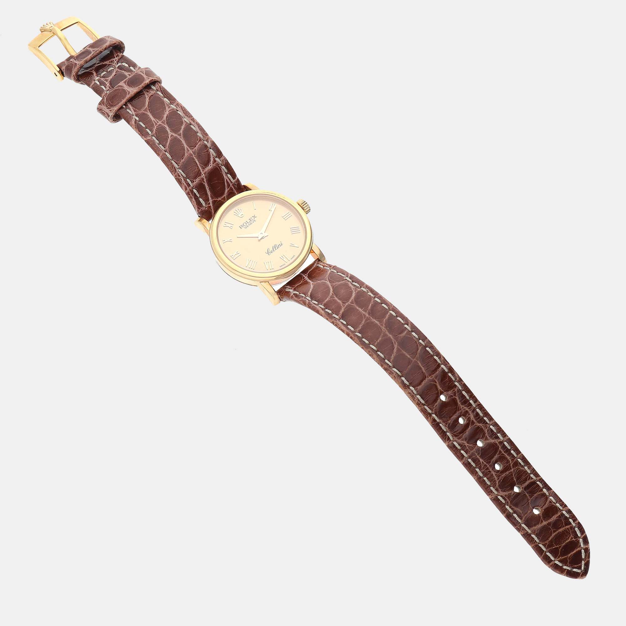 Rolex Cellini Classic Yellow Gold Brown Strap Ladies Watch 6110 26 Mm