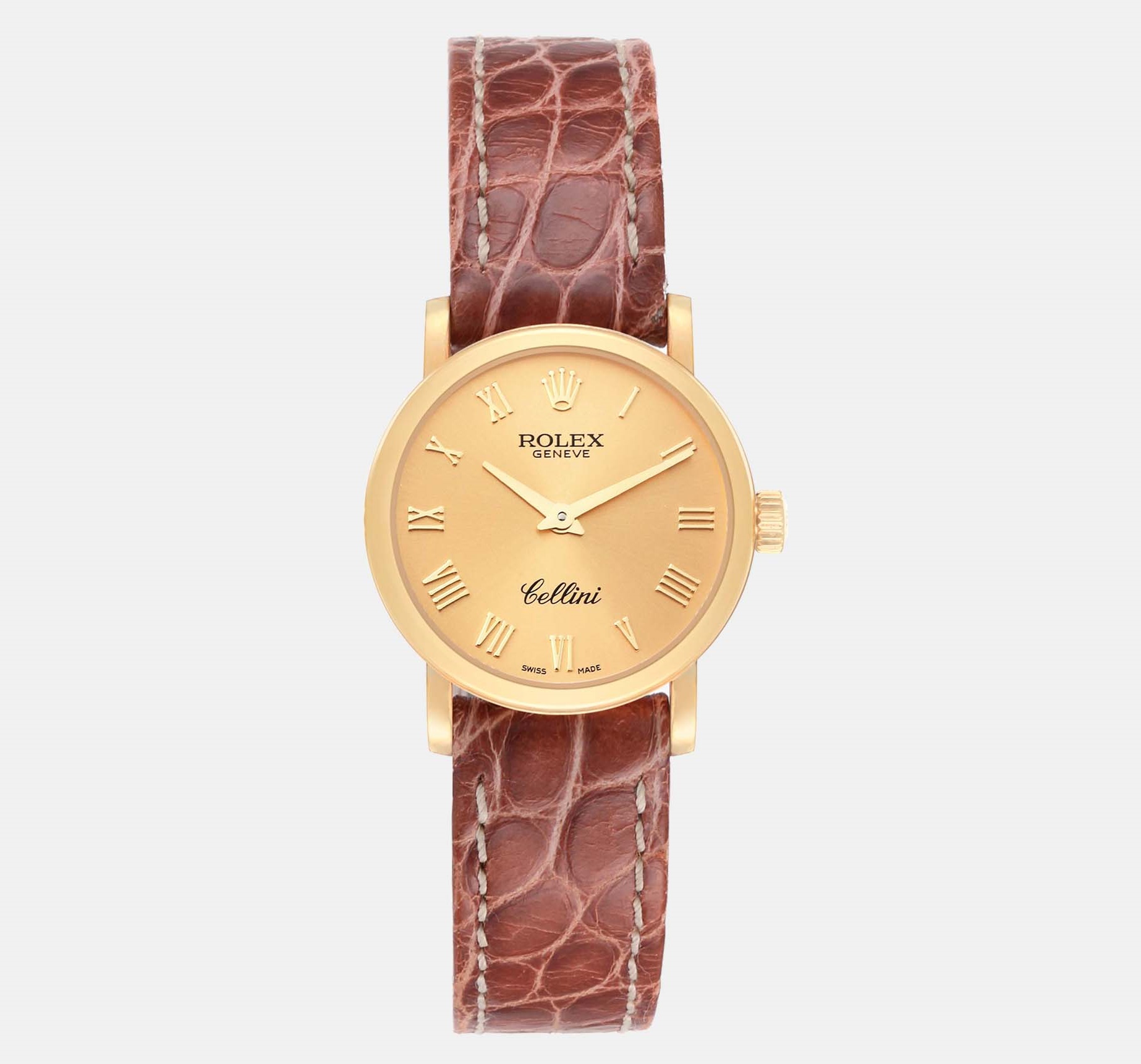Rolex Cellini Classic Yellow Gold Brown Strap Ladies Watch 6110 26 Mm