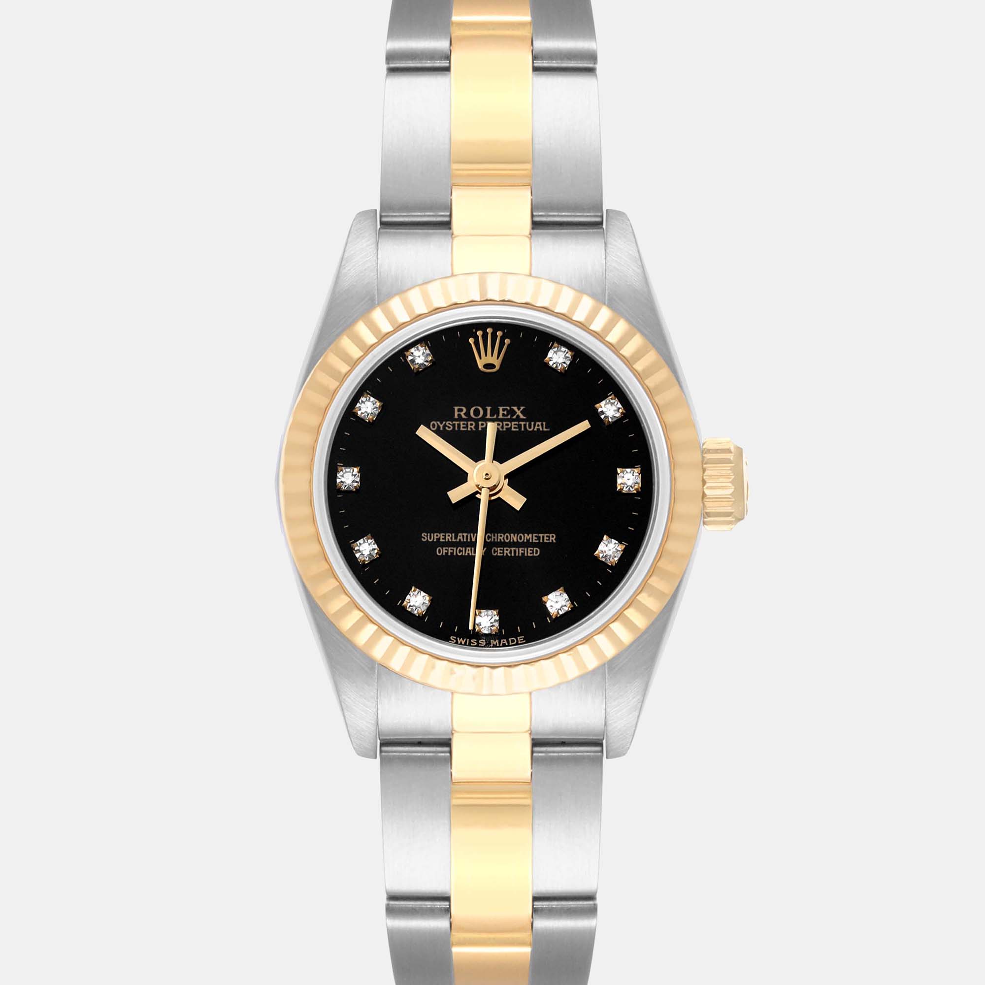 Rolex Oyster Perpetual Steel Yellow Gold Black Diamond Dial Ladies Watch 67193 24 Mm