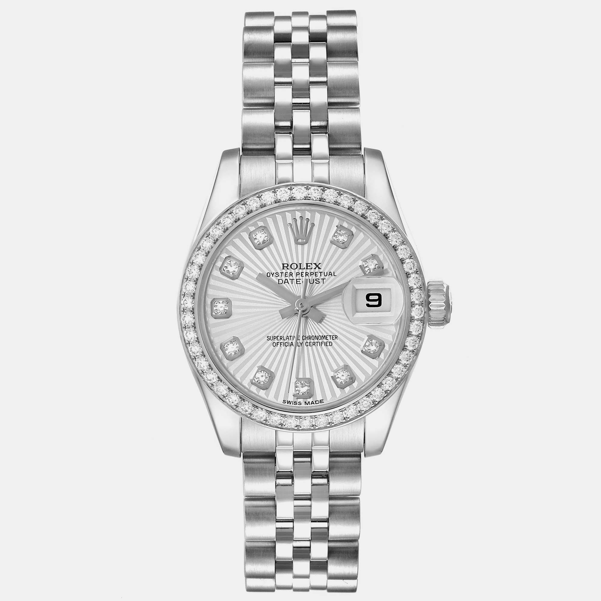 Rolex datejust 26 steel white gold sunburst dial diamond ladies watch 179384 26 mm