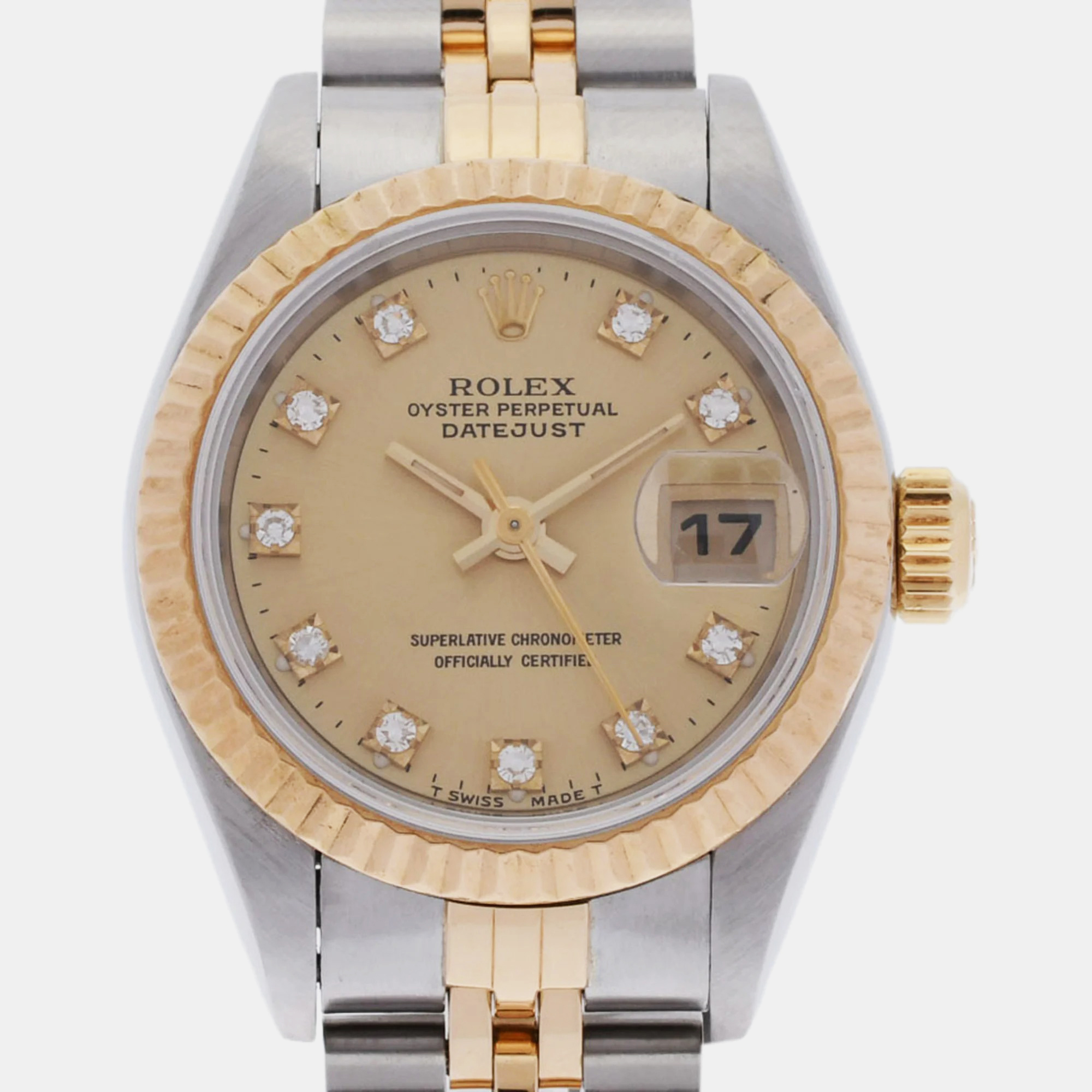 Rolex Champagne Diamond 18k Yellow Gold Stainless Steel Datejust 69173 Automatic Women's Wristwatch 26 mm
Rolex Champagne Diamond 18k Yellow Gold Stainless Steel Datejust 69173 Automatic Women's Wristwatch 26 mm