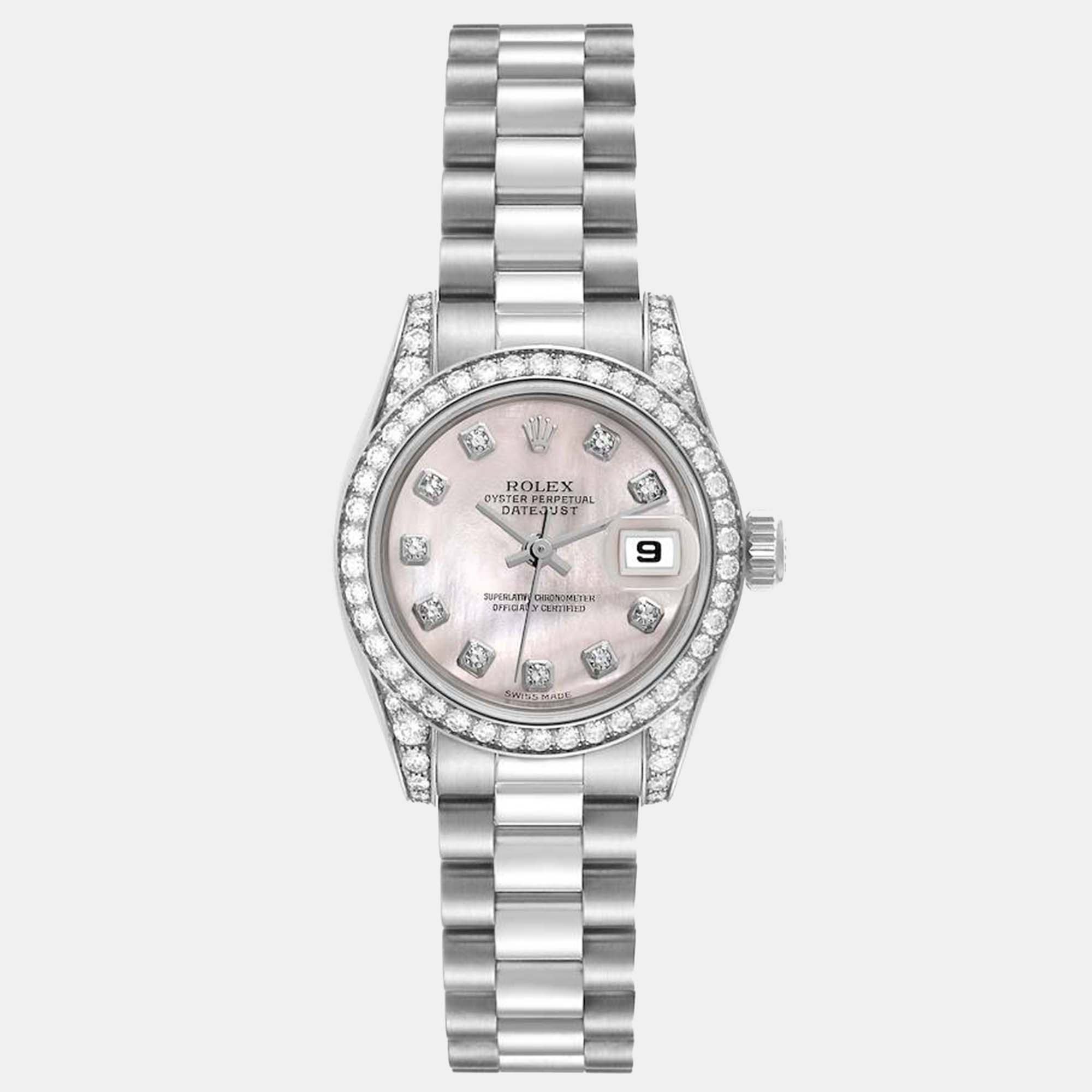 Rolex Datejust President White Gold Mother of Pearl Dial Diamond Ladies Watch 179159, Pink
Rolex Datejust President White Gold Mother of Pearl Dial Diamond Ladies Watch 179159, Pink