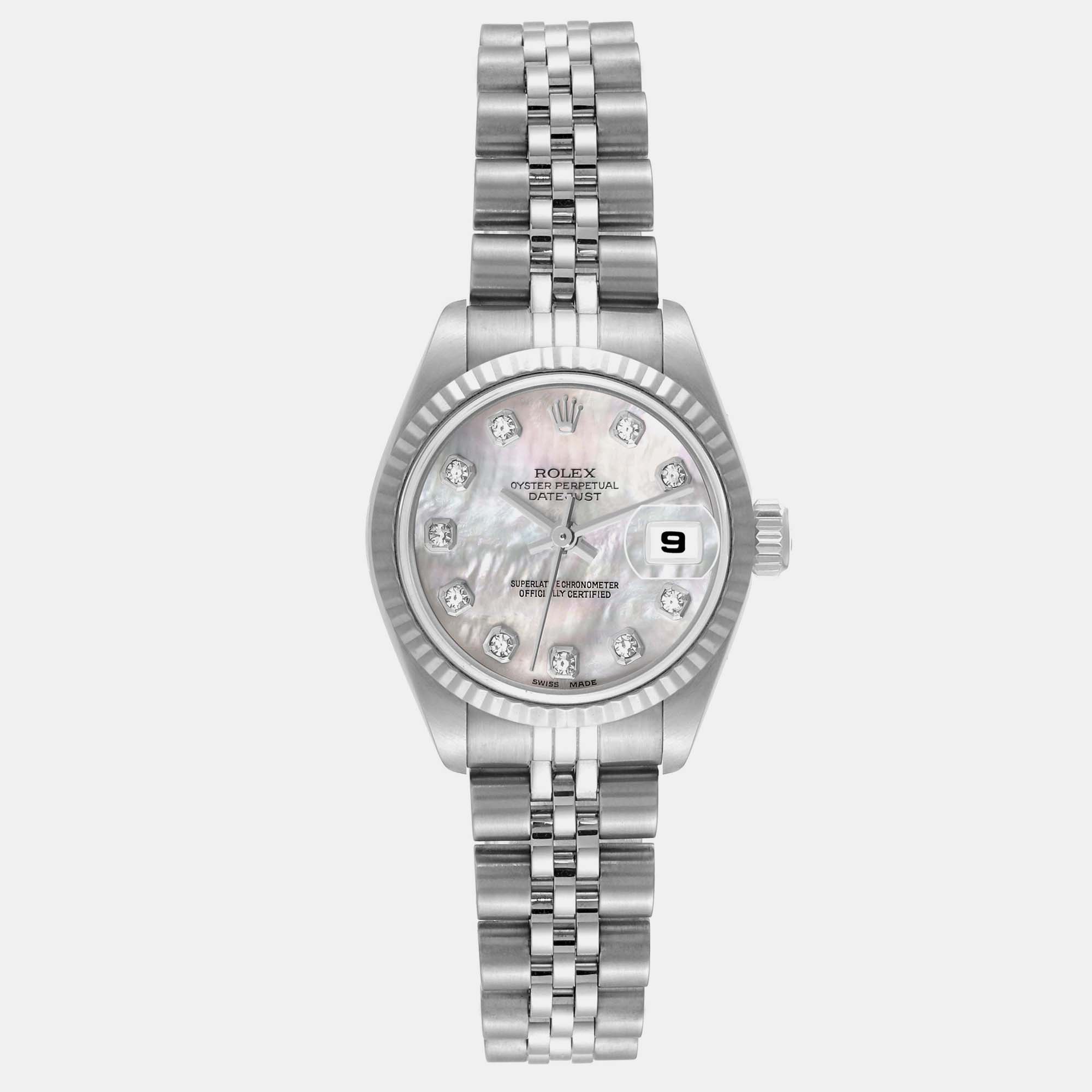 Rolex Datejust Steel White Gold Mother of Pearl Diamond Dial Ladies Watch, Multicolor
Rolex Datejust Steel White Gold Mother of Pearl Diamond Dial Ladies Watch, Multicolor
