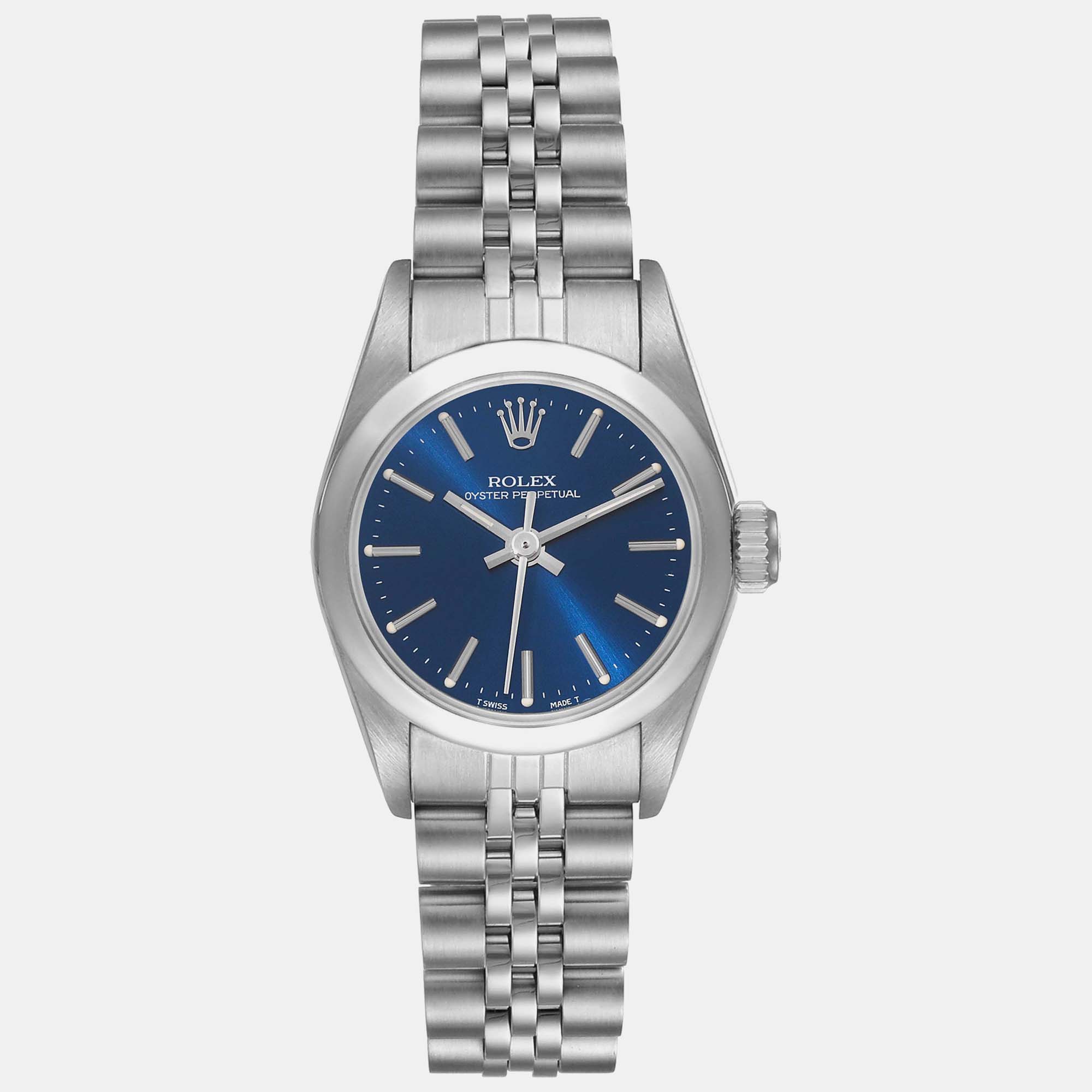 Rolex oyster perpetual non date blue dial steel ladies watch 24 mm