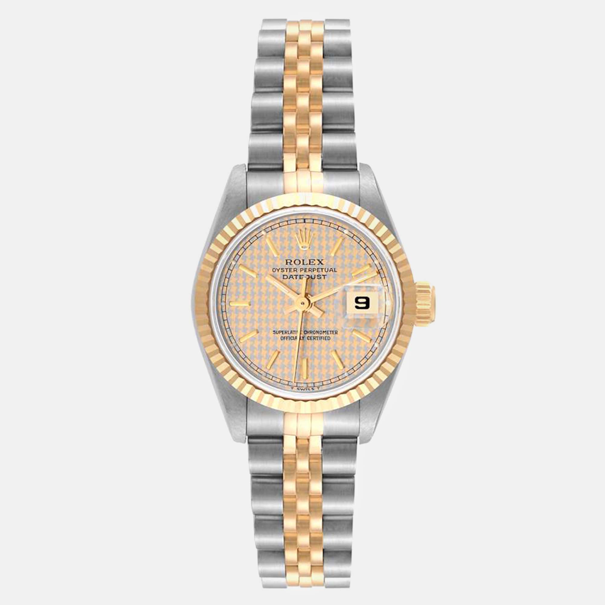 Rolex datejust steel yellow gold houndstooth dial ladies watch 26 mm