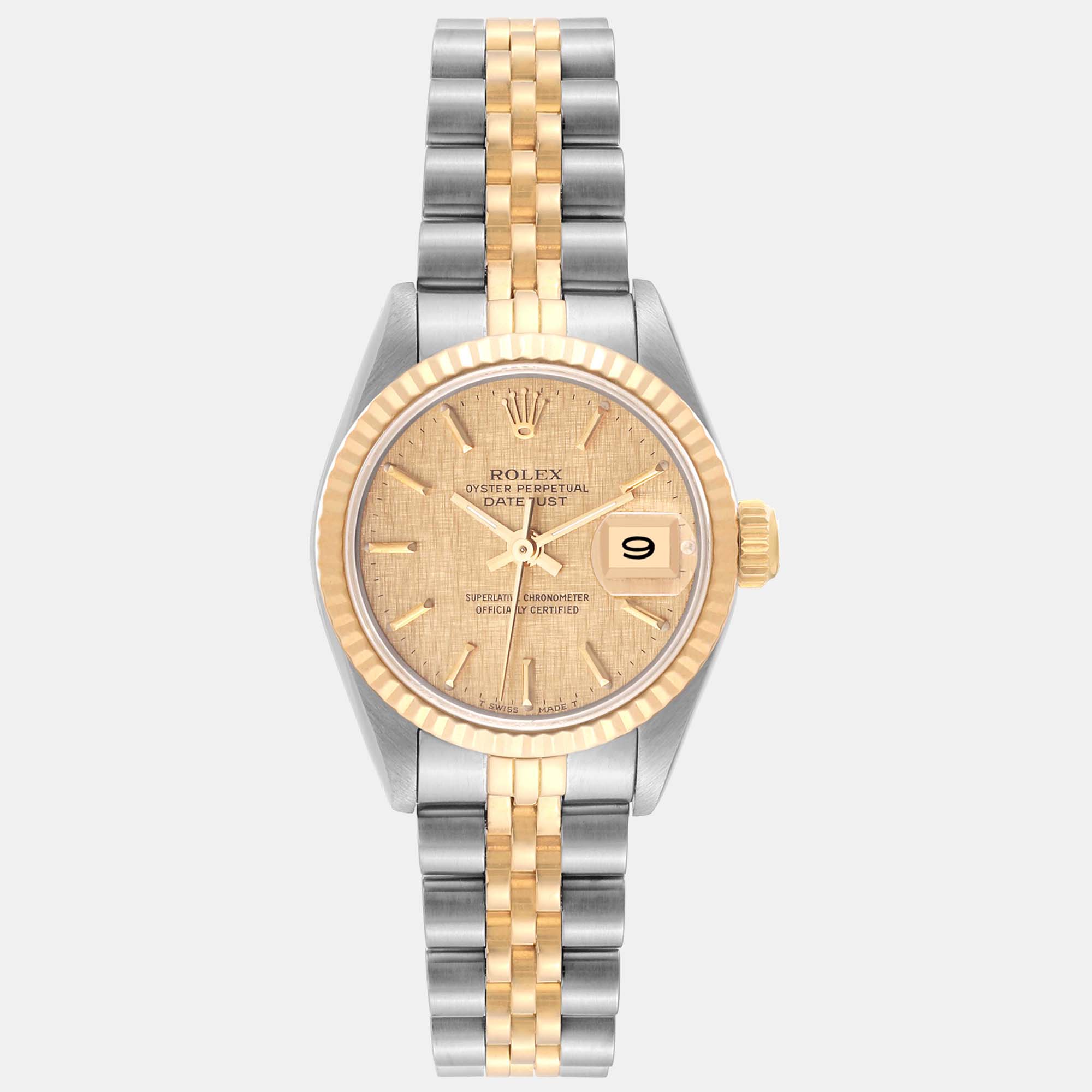 Rolex Datejust Steel Yellow Gold Champagne Linen Dial Ladies Watch 26 mm
Rolex Datejust Steel Yellow Gold Champagne Linen Dial Ladies Watch 26 mm
