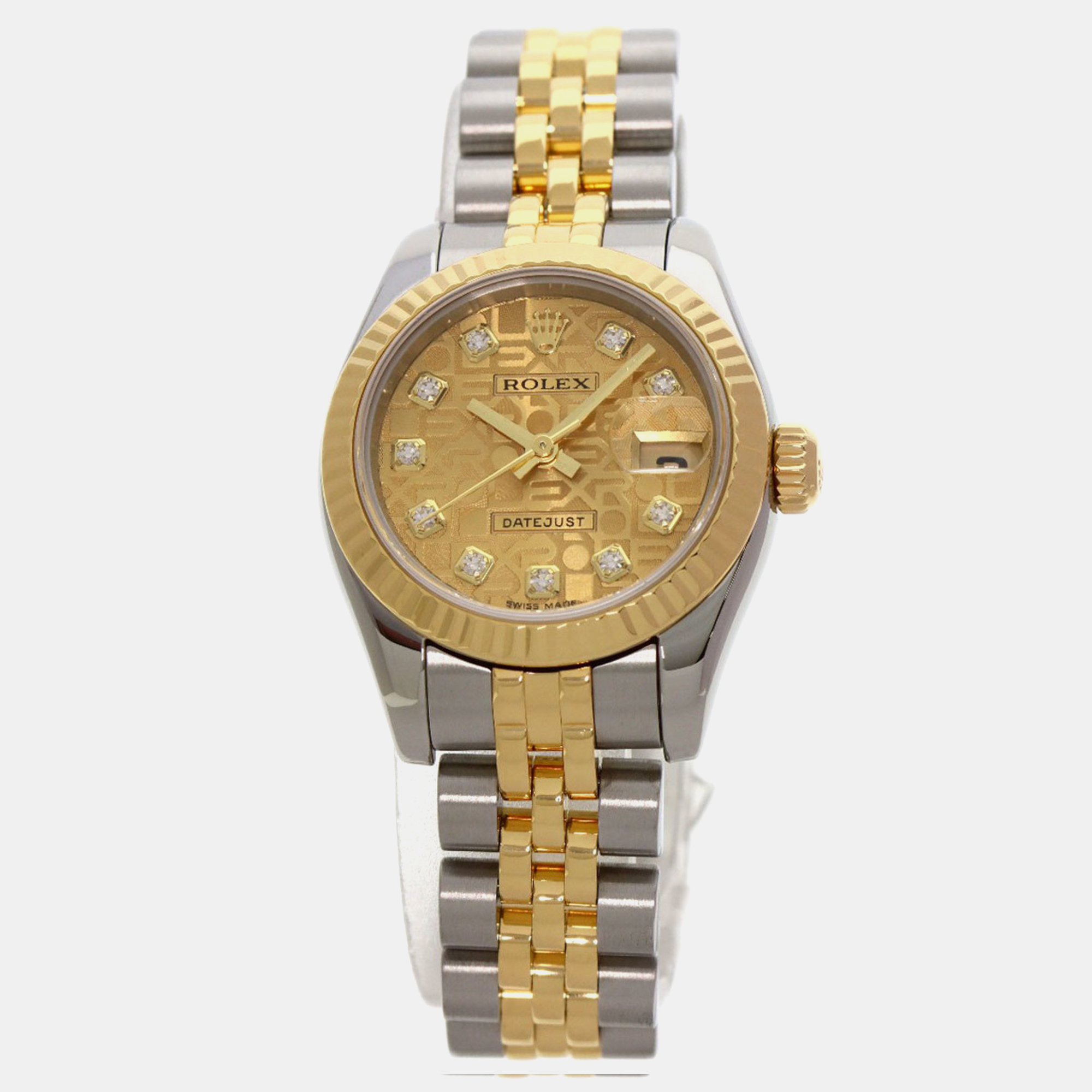 Rolex champagne 18k yellow gold stainless steel diamond datejust 179173 automatic women's wristwatch 33 mm