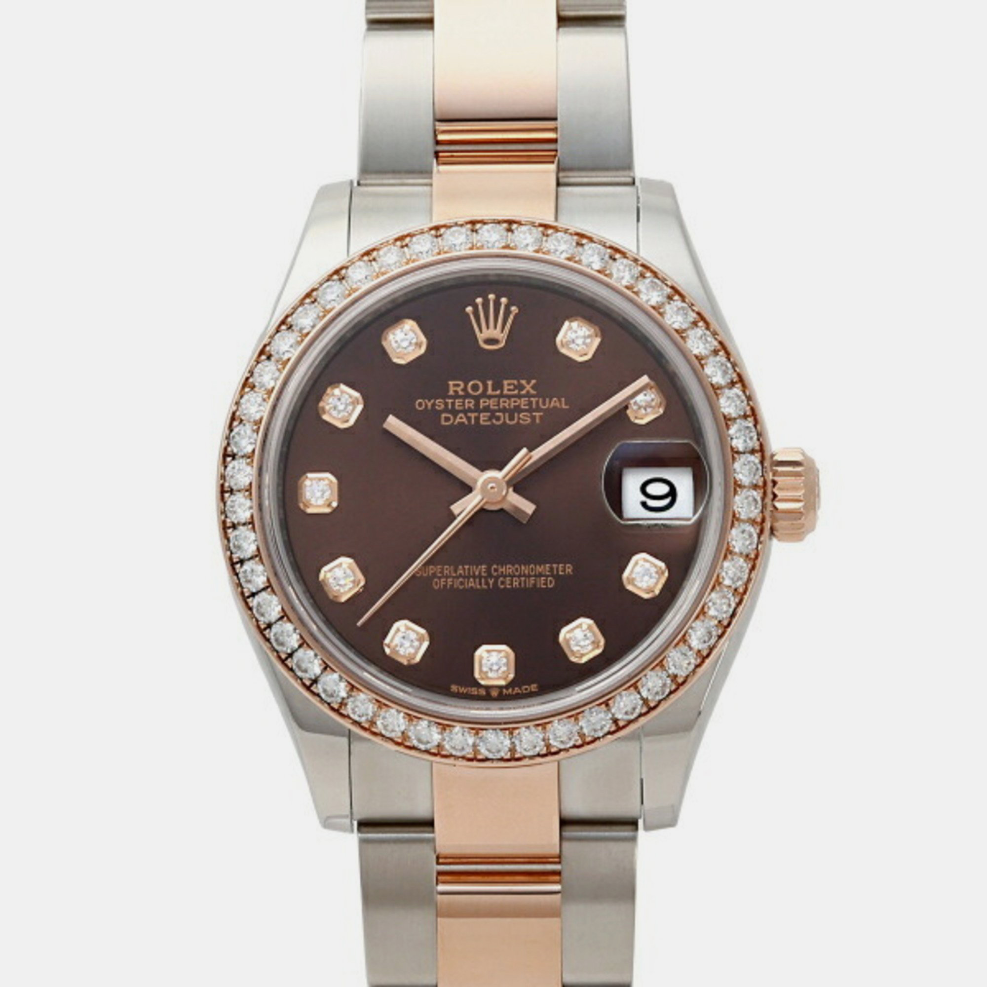 Rolex brown 18k rose gold, stainless steel and diamond datejust 278381rbr women's wristwatch 32mm
