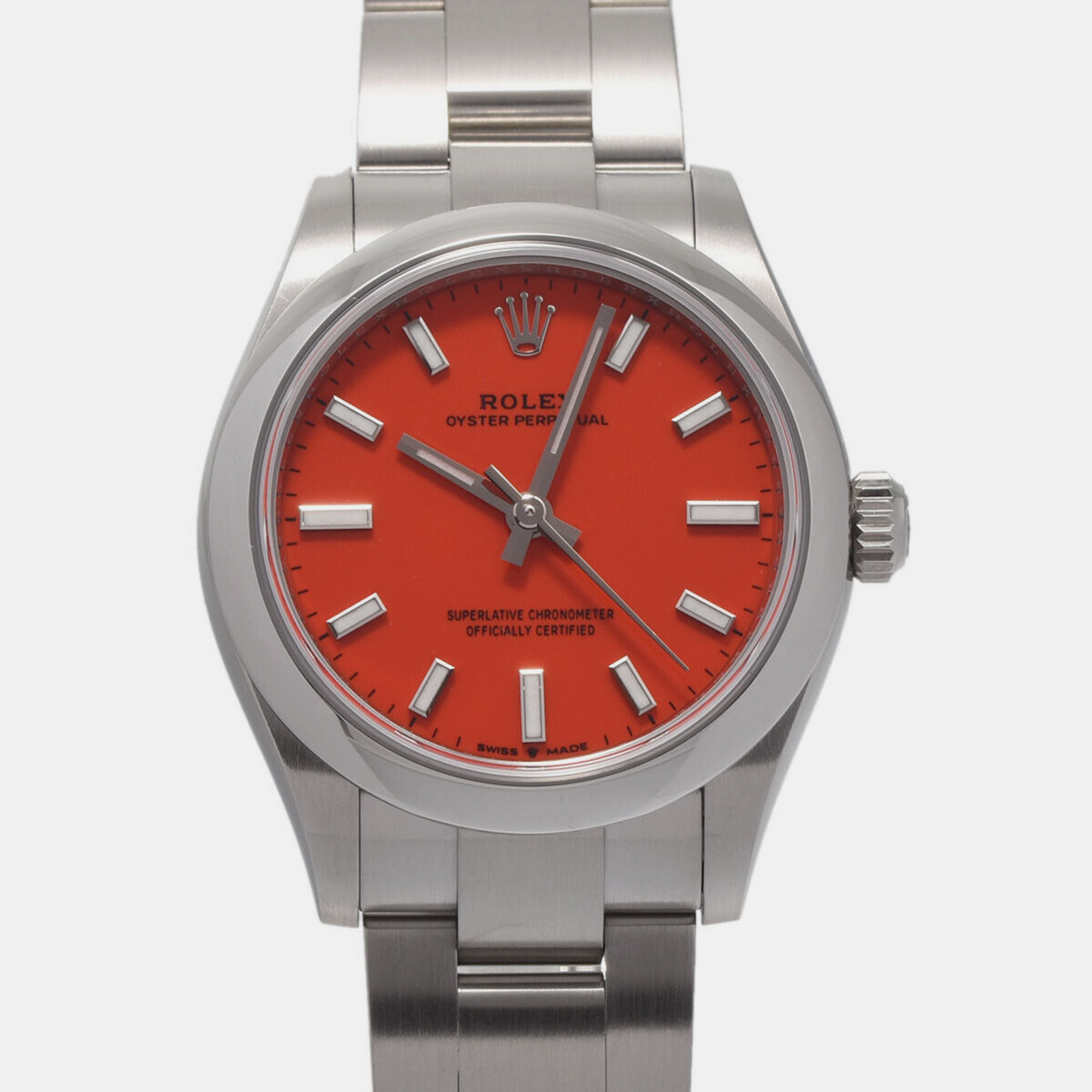 Rolex red stainless steel oyster perpetual automatic women's wristwatch 30 mm