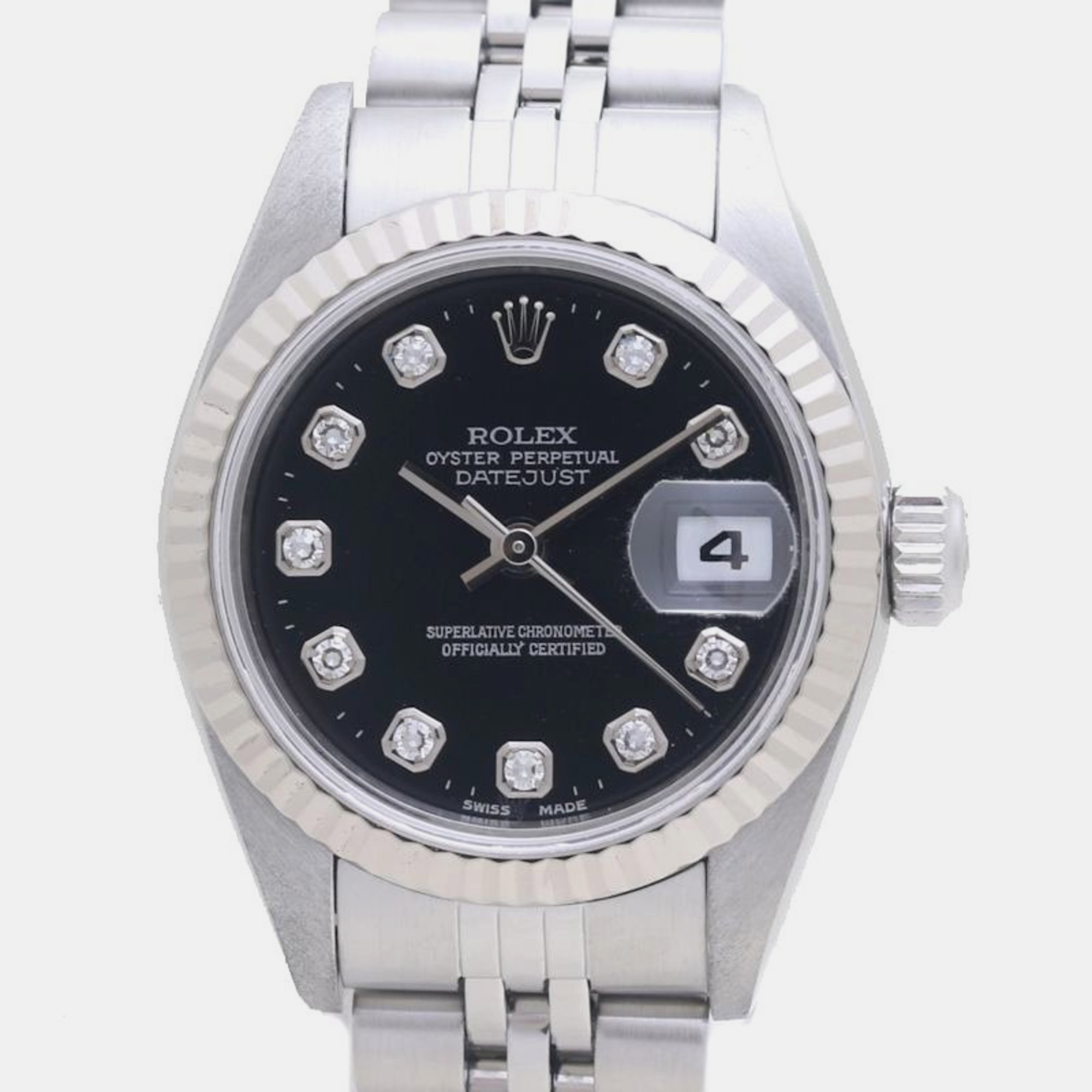 Rolex Black 18K White Gold Stainless Steel and Diamond Datejust 79174G Automatic Women's Wristwatch
Rolex Black 18K White Gold Stainless Steel and Diamond Datejust 79174G Automatic Women's Wristwatch