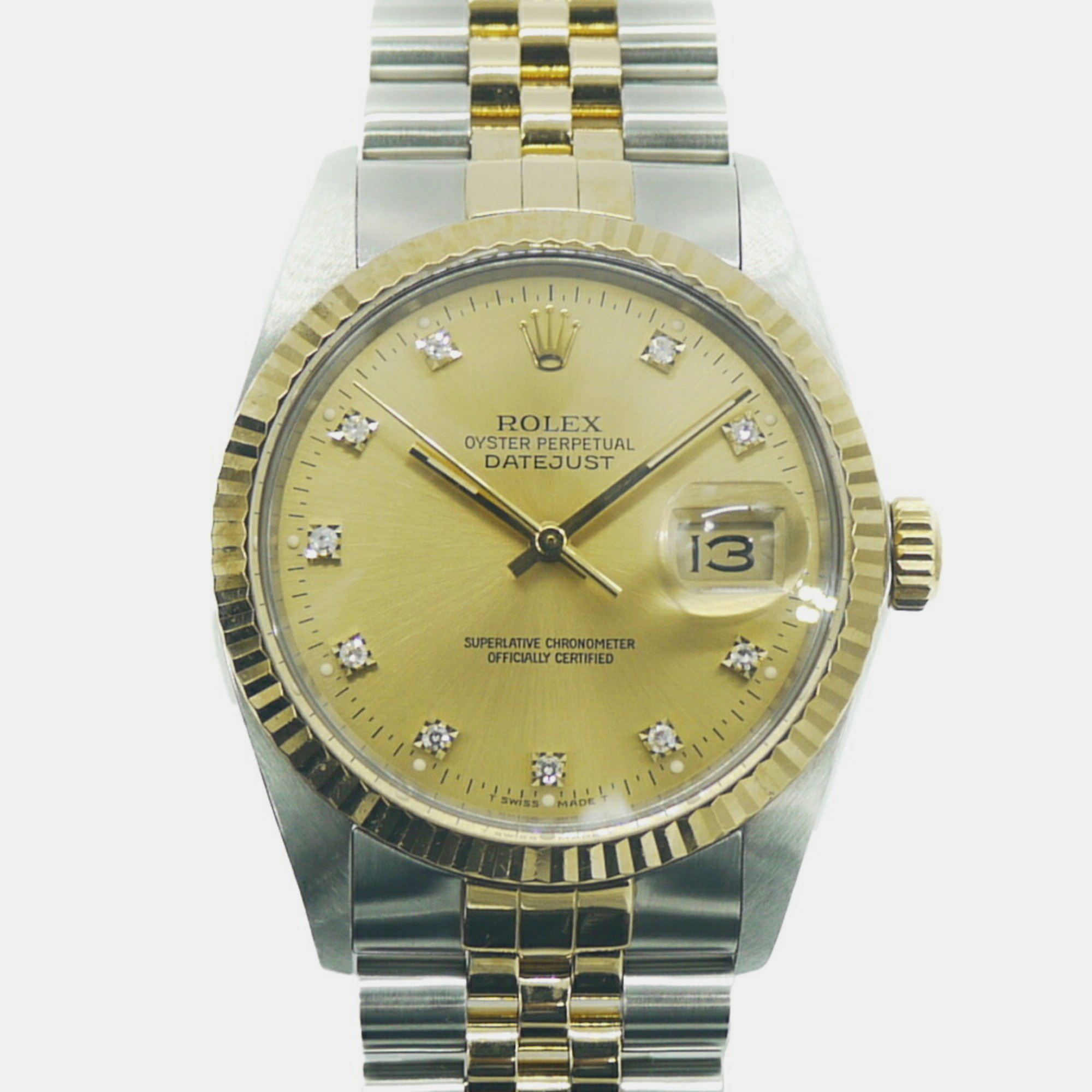 Rolex gold stainless steel and diamond datejust 16013g automatic women's wristwatch 36mm