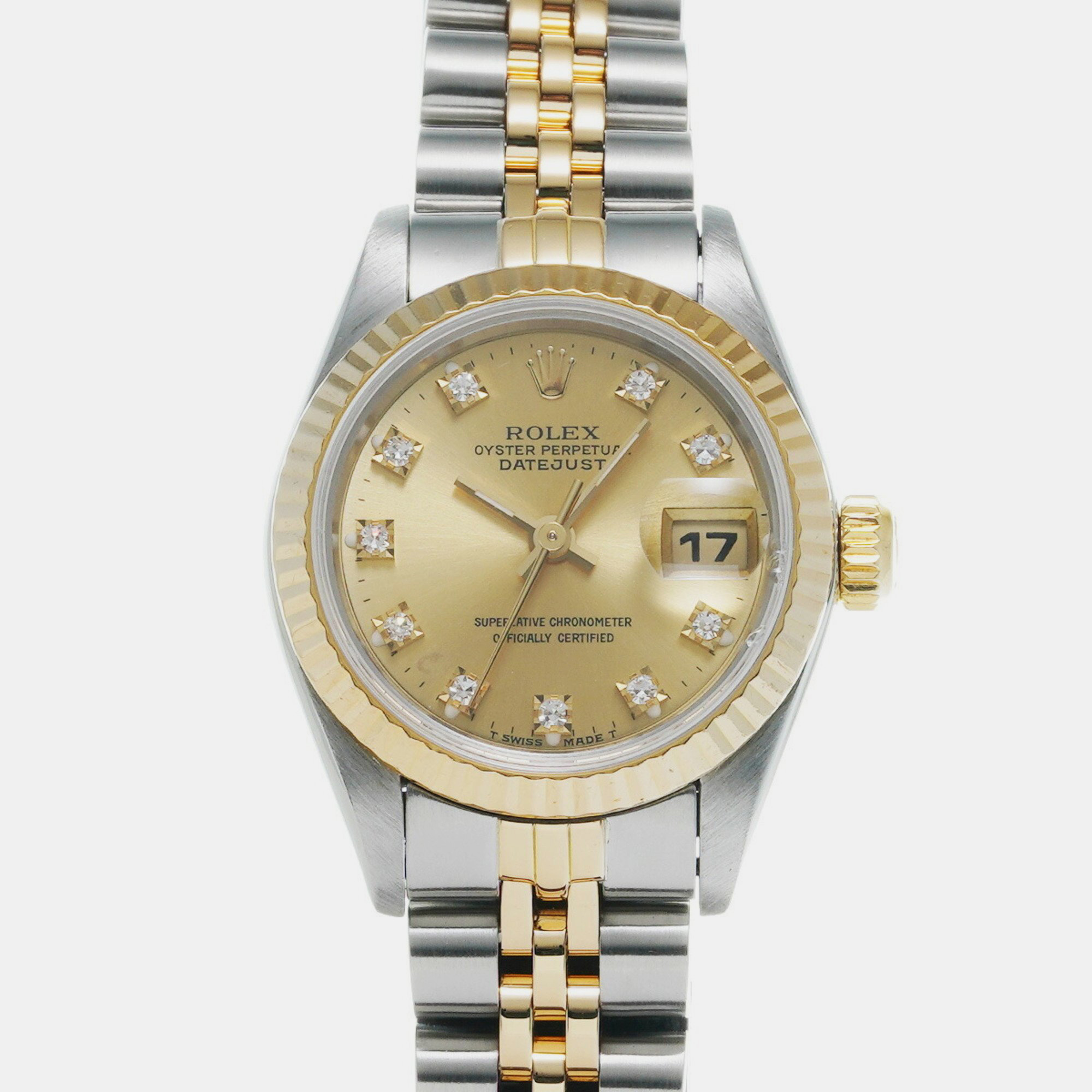 Rolex champagne 18k yellow gold and diamond datejust 69173g automatic women's wristwatch 26mm