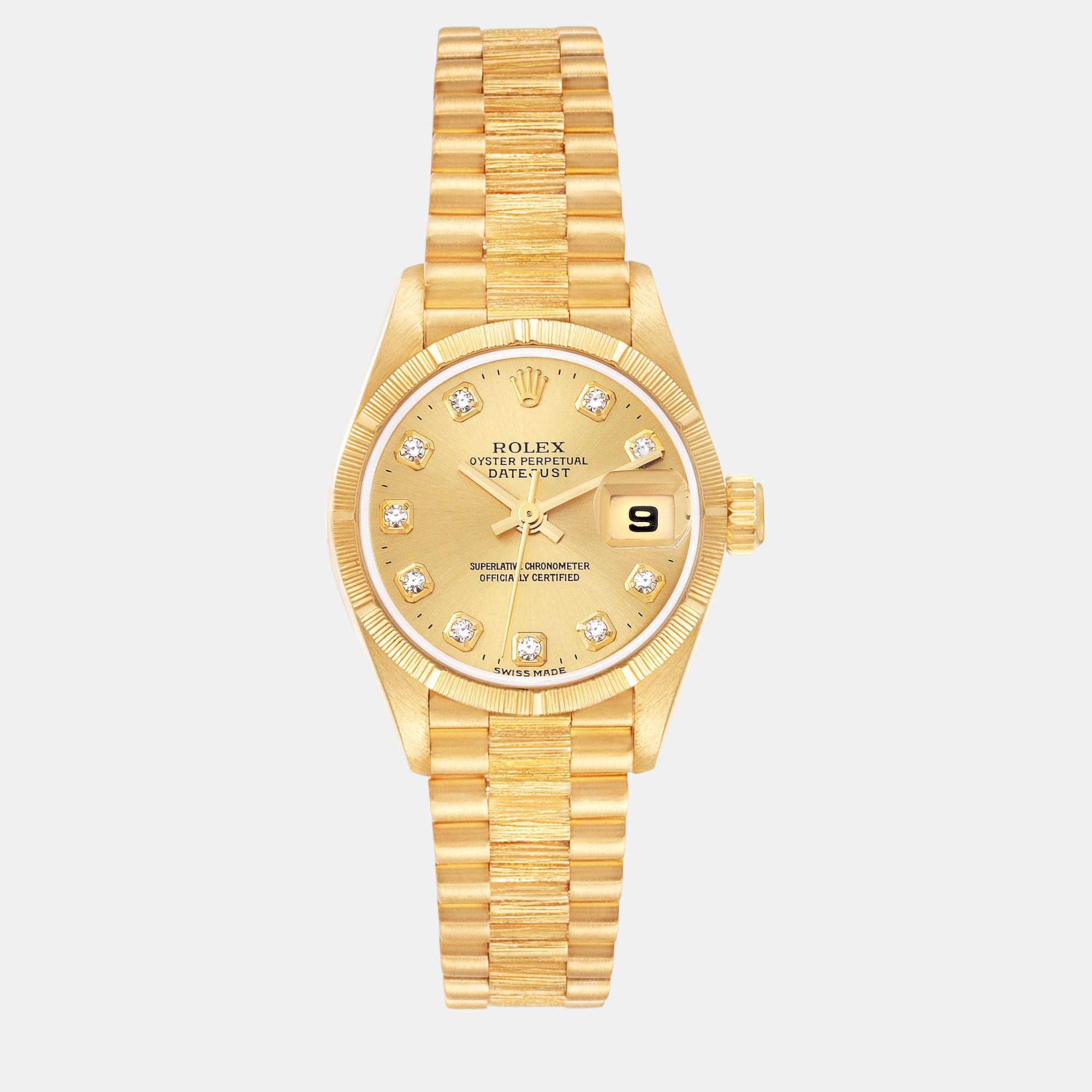 Rolex President Datejust Diamond Dial Yellow Gold Bark Finish Ladies Watch 26 mm
Rolex President Datejust Diamond Dial Yellow Gold Bark Finish Ladies Watch 26 mm
