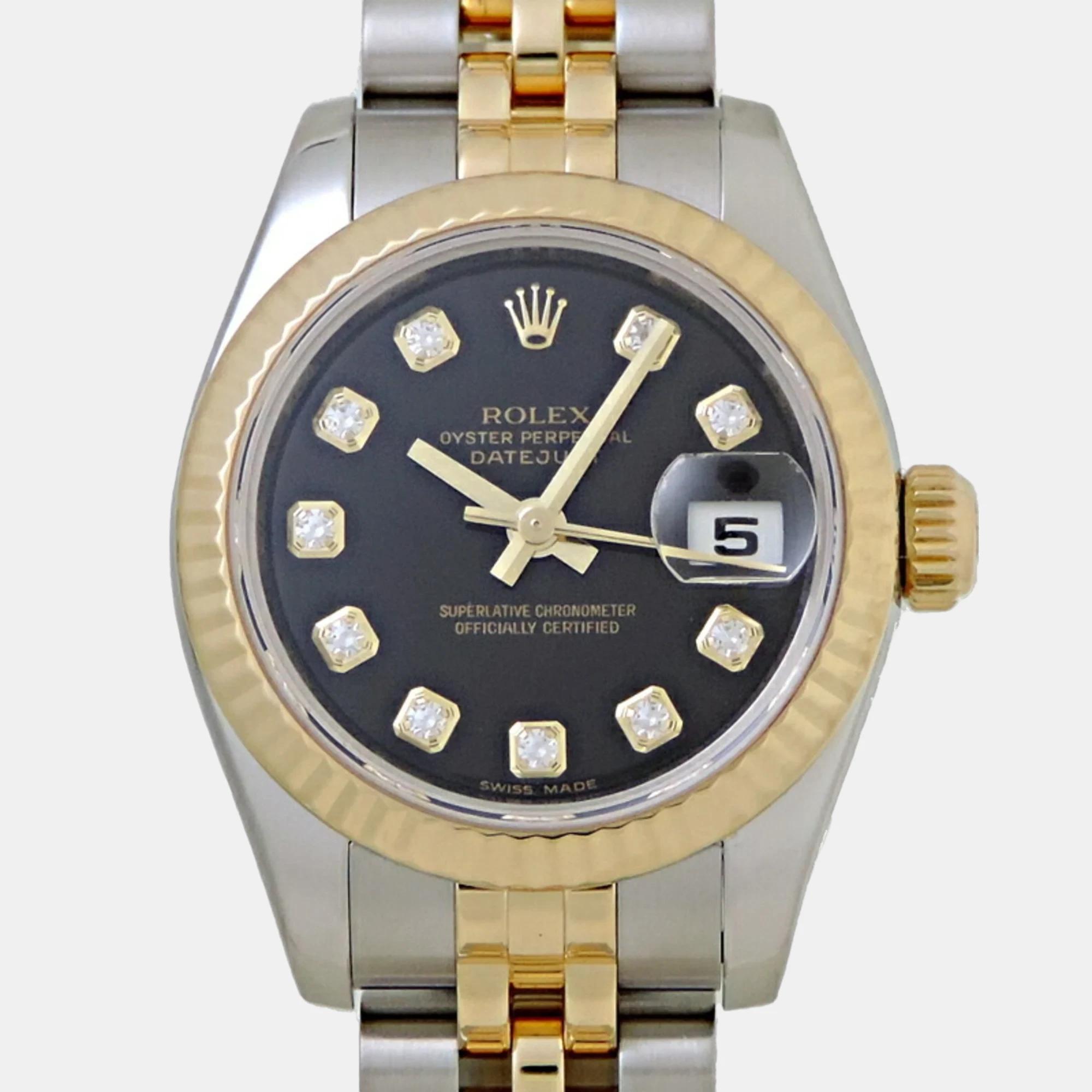 Rolex black 18k yellow gold stainless steel diamond datejust 179173 automatic women's wristwatch 26 mm