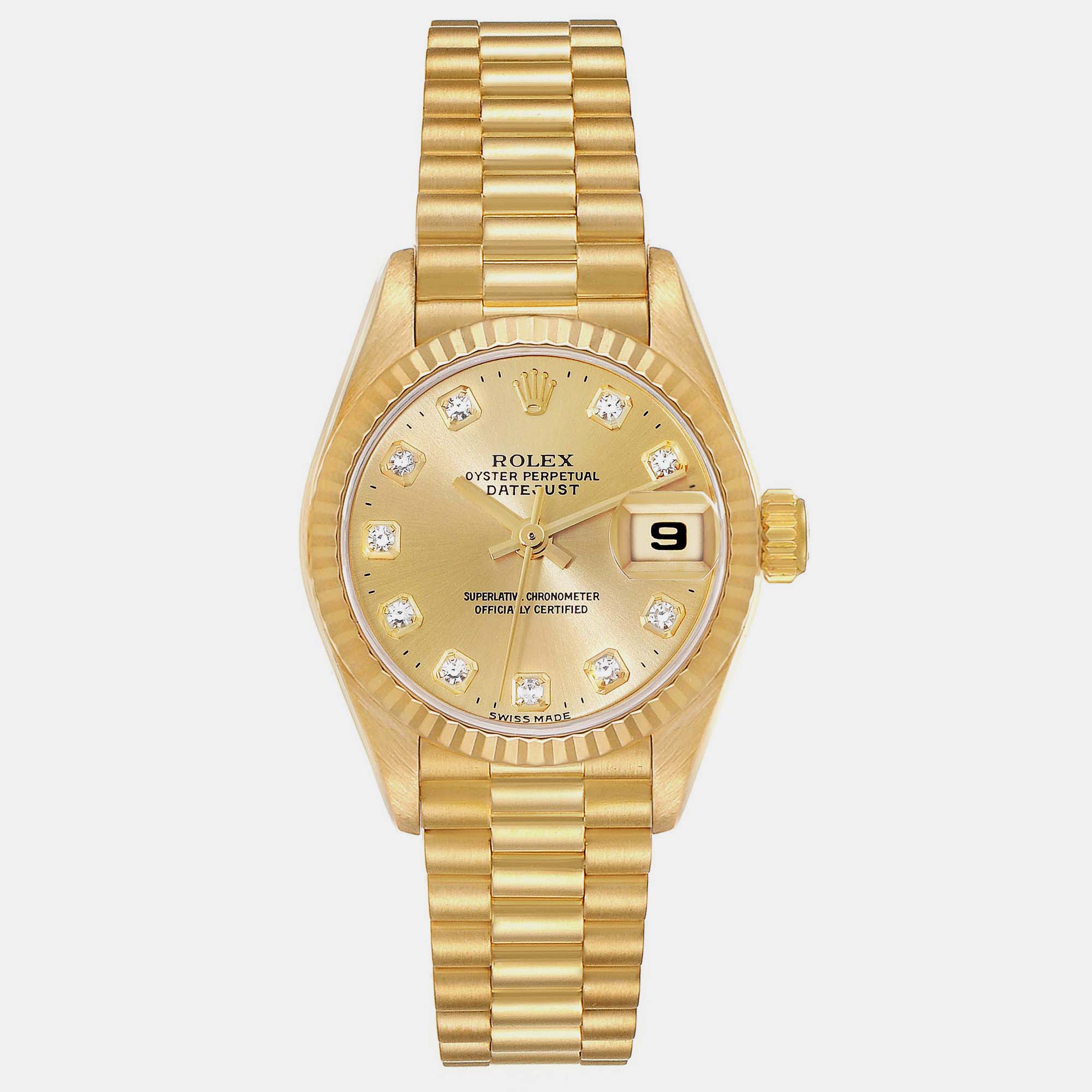 Rolex datejust president diamond dial yellow gold ladies watch 26 mm