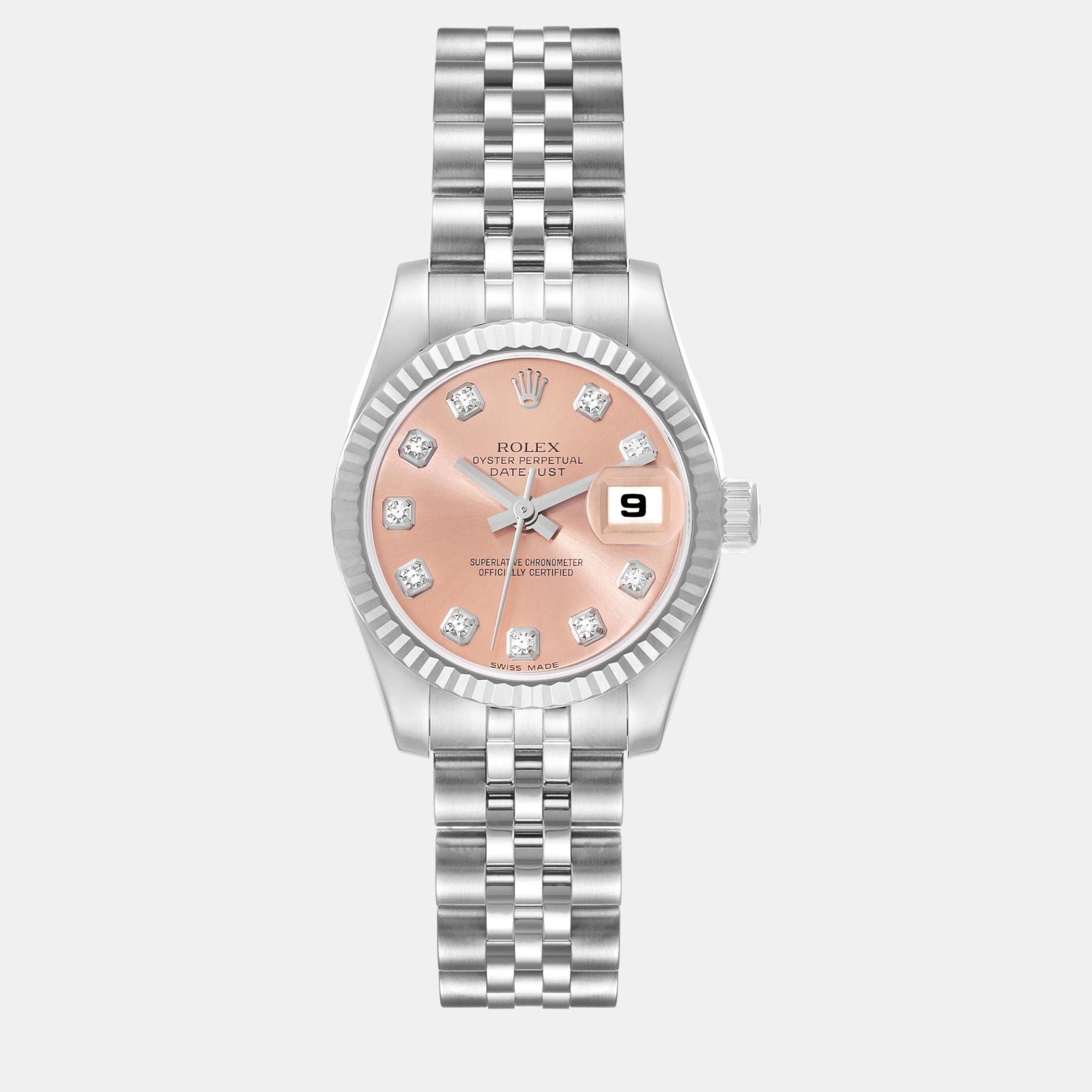 Rolex datejust steel white gold pink diamond dial ladies watch 26 mm