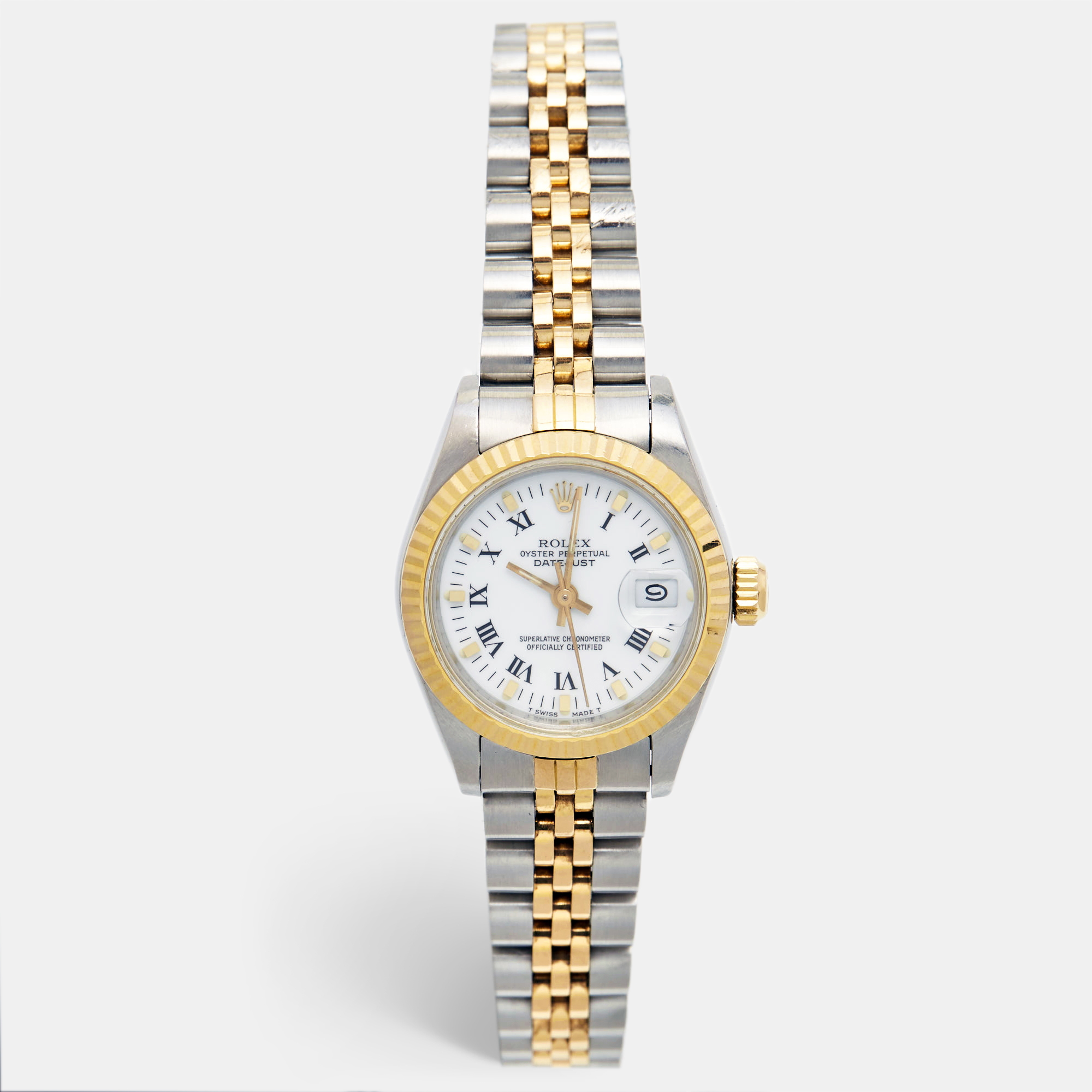 Rolex white 18k yellow gold and stainless steel datejust 69173 women's wristwatch 26 mm
