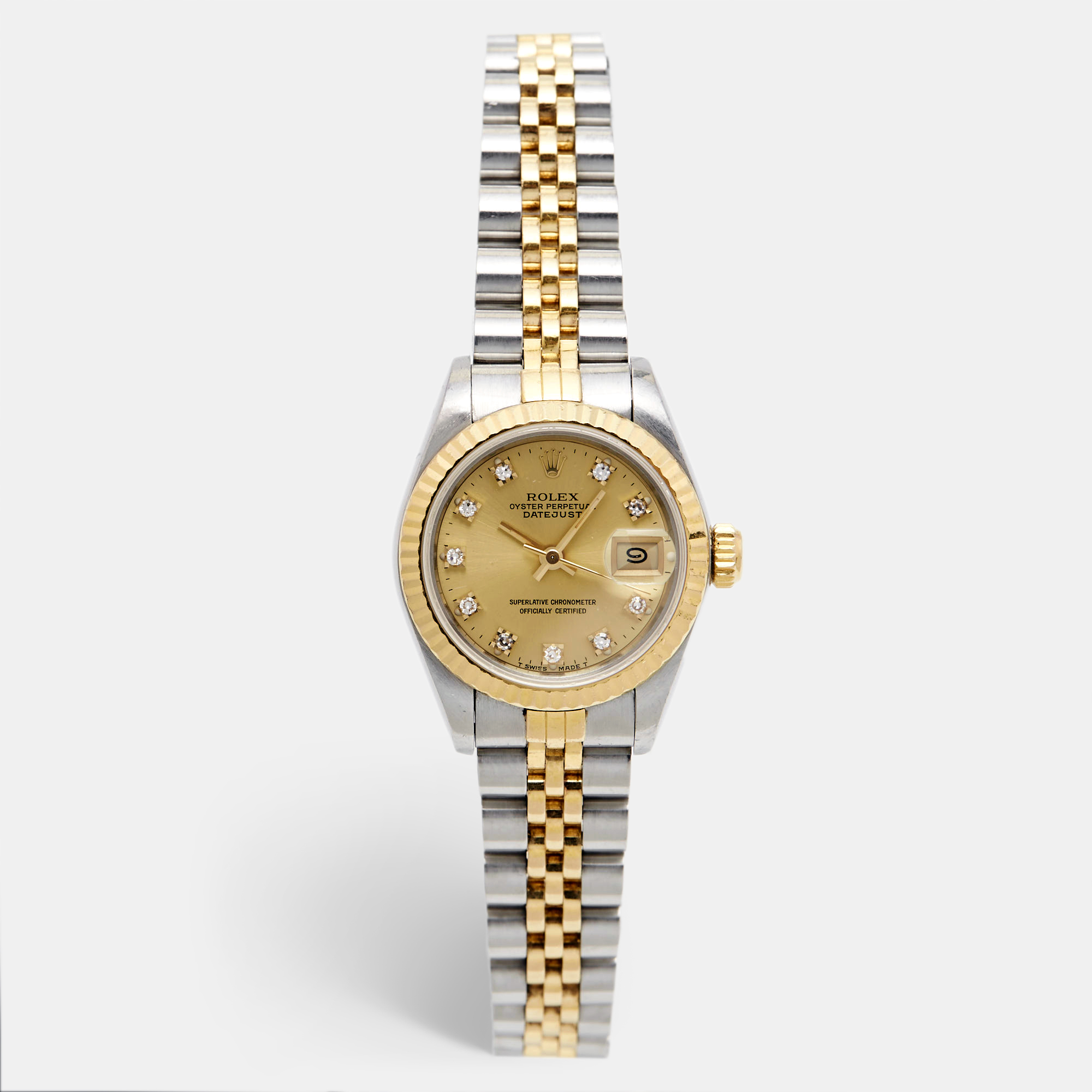 Rolex champagne diamonds 18k yellow gold stainless steel datejust 69173 women's wristwatch 26 mm