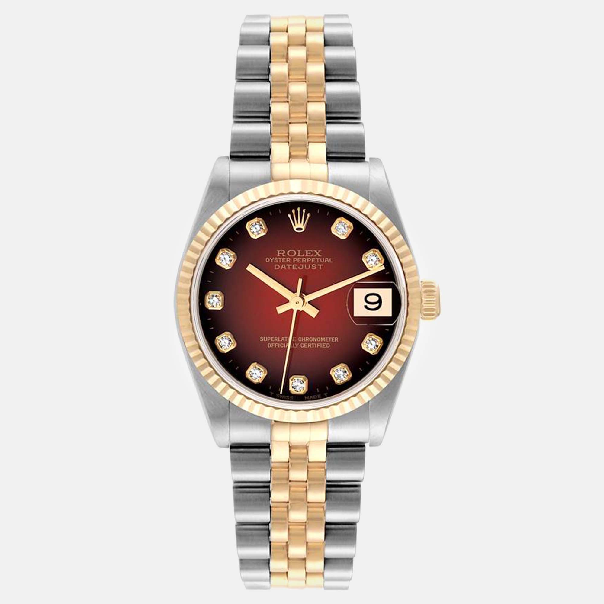 

Rolex Datejust Midsize Steel Yellow Gold Vignette Diamond Women Watch 31 mm, Red
