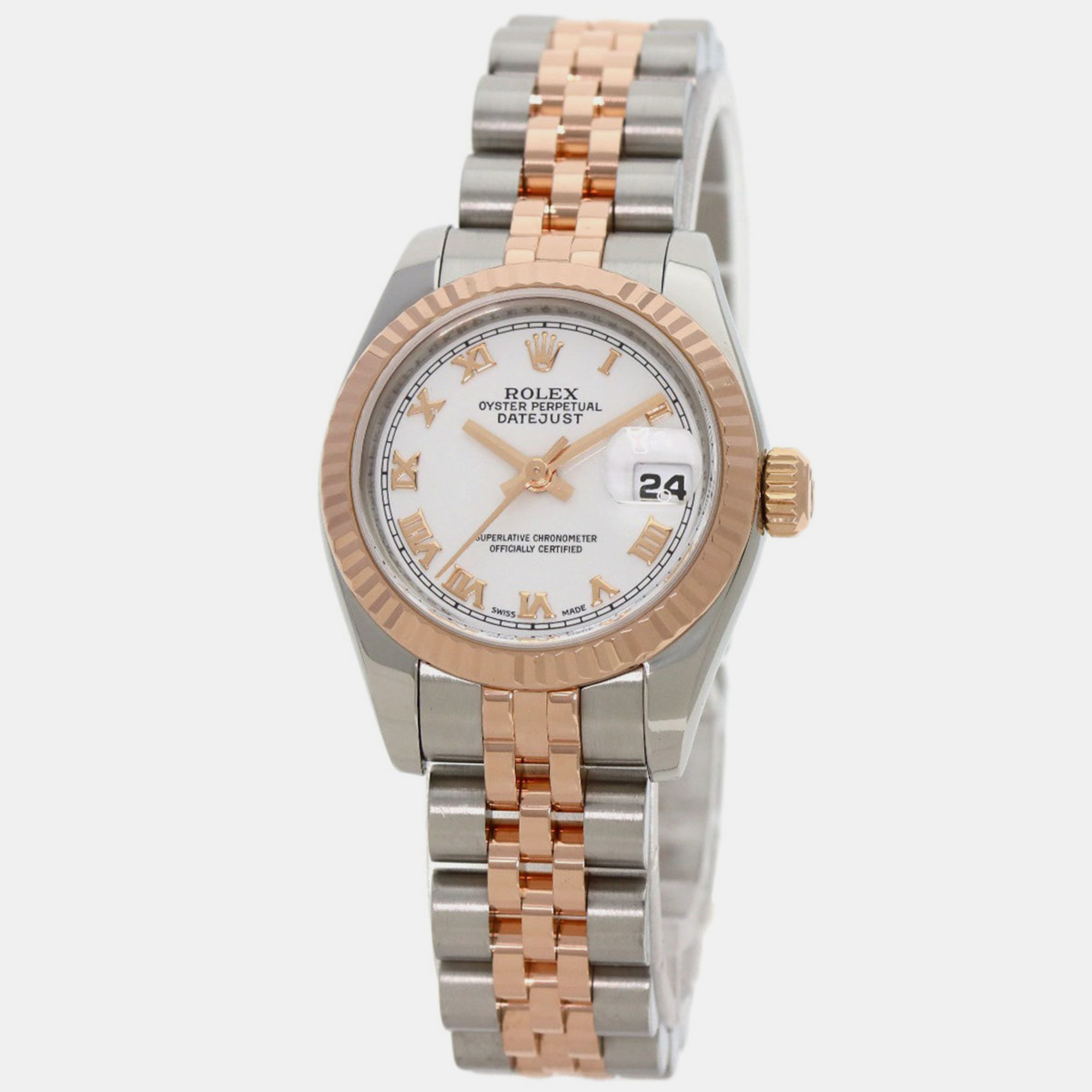 Rolex white 18k rose gold stainless steel datejust automatic women's wristwatch 26 mm
