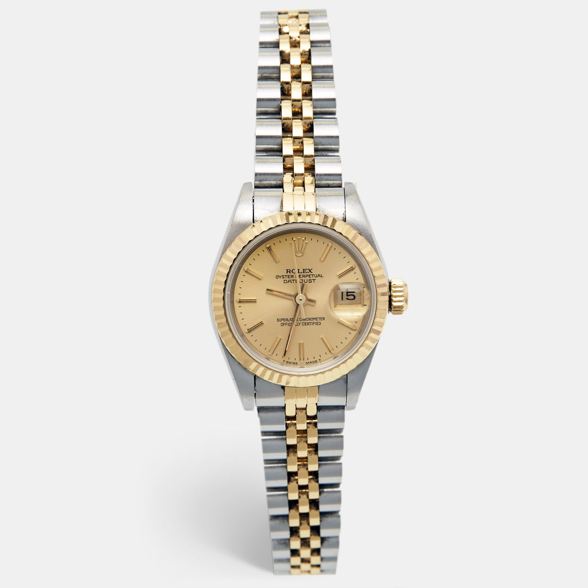 Rolex champagne 18k yellow gold stainless steel datejust 69173 women's wristwatch 26 mm