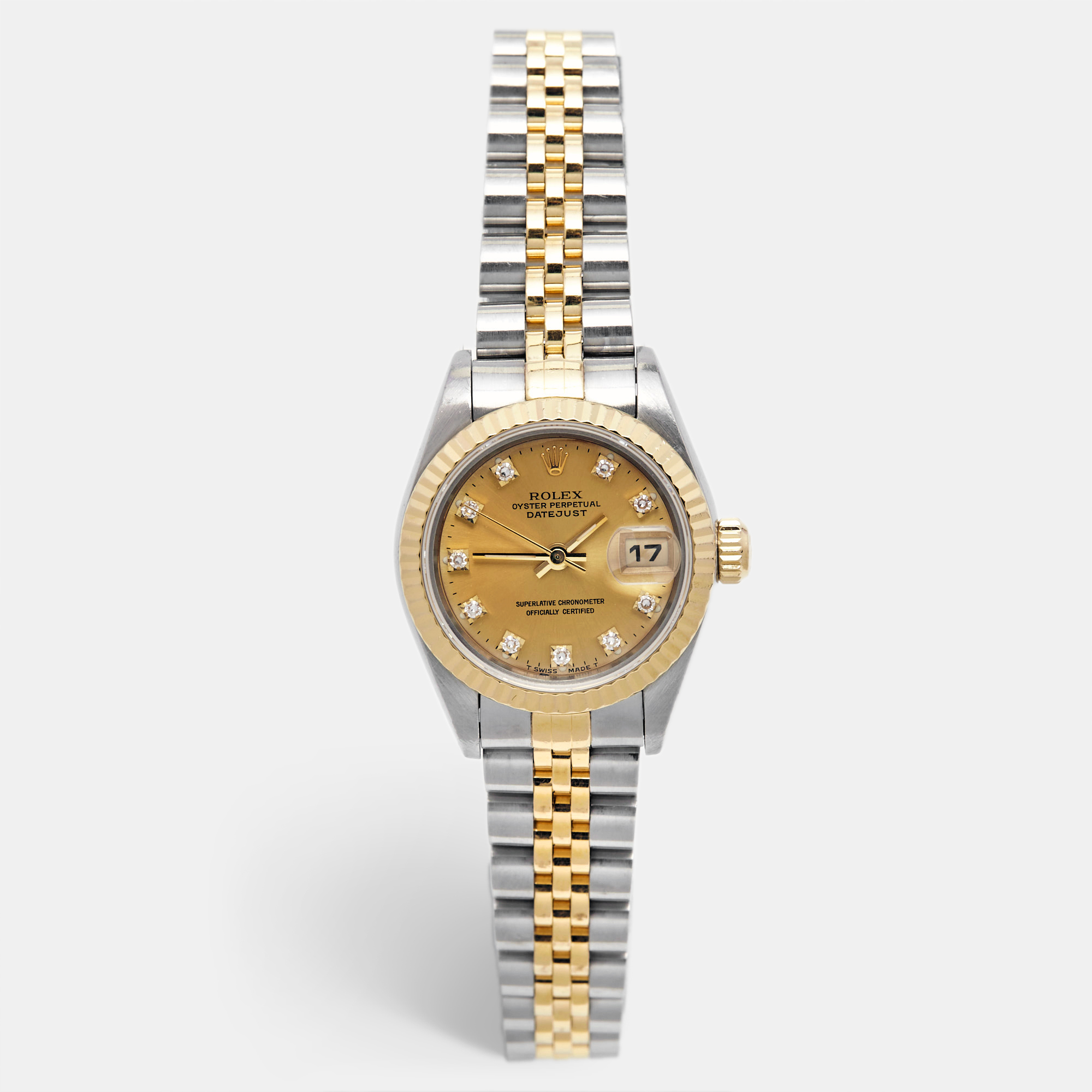 Rolex champagne diamond 18k yellow gold stainless steel datejust 69173 women's wristwatch 26 mm