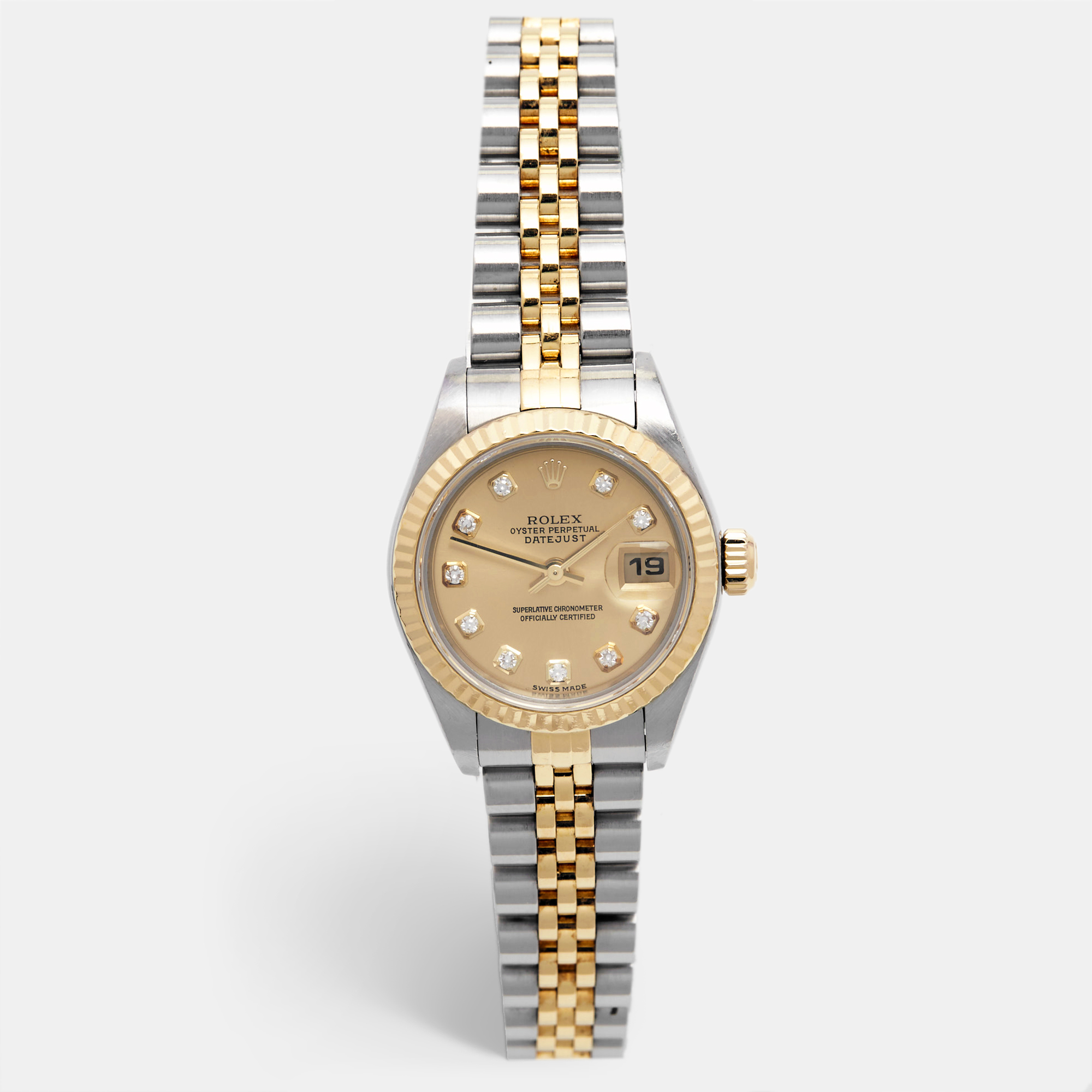 Rolex champagne diamond 18k yellow gold stainless steel datejust 79173 women's wristwatch 26 mm
