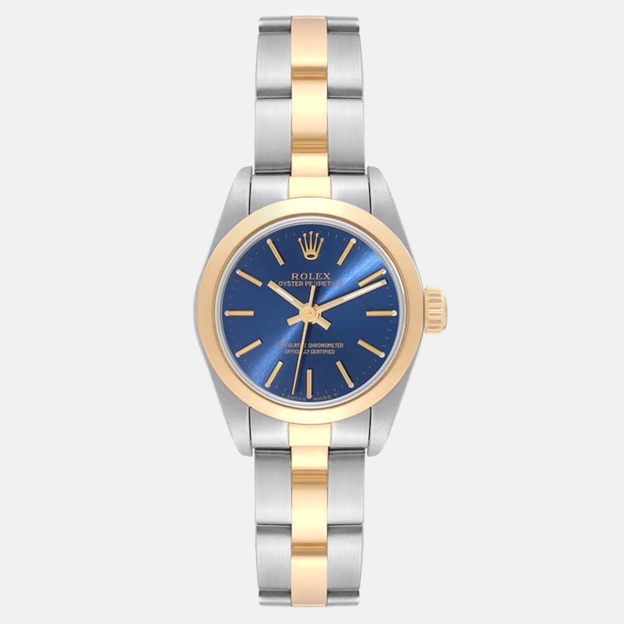 Rolex oyster perpetual steel yellow gold blue dial watch 24 mm