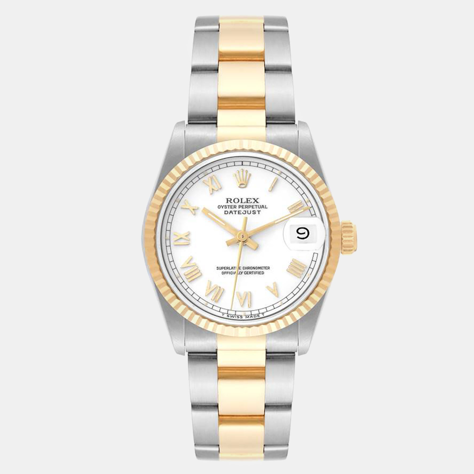 Rolex datejust midsize white roman dial steel yellow gold ladies watch 31 mm