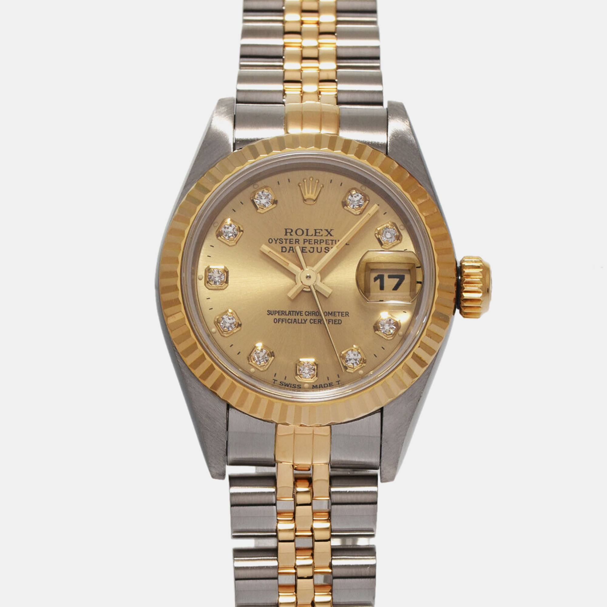 Rolex champagne diamond 18k yellow gold stainless steel datejust 69173 automatic women's wristwatch 26 mm