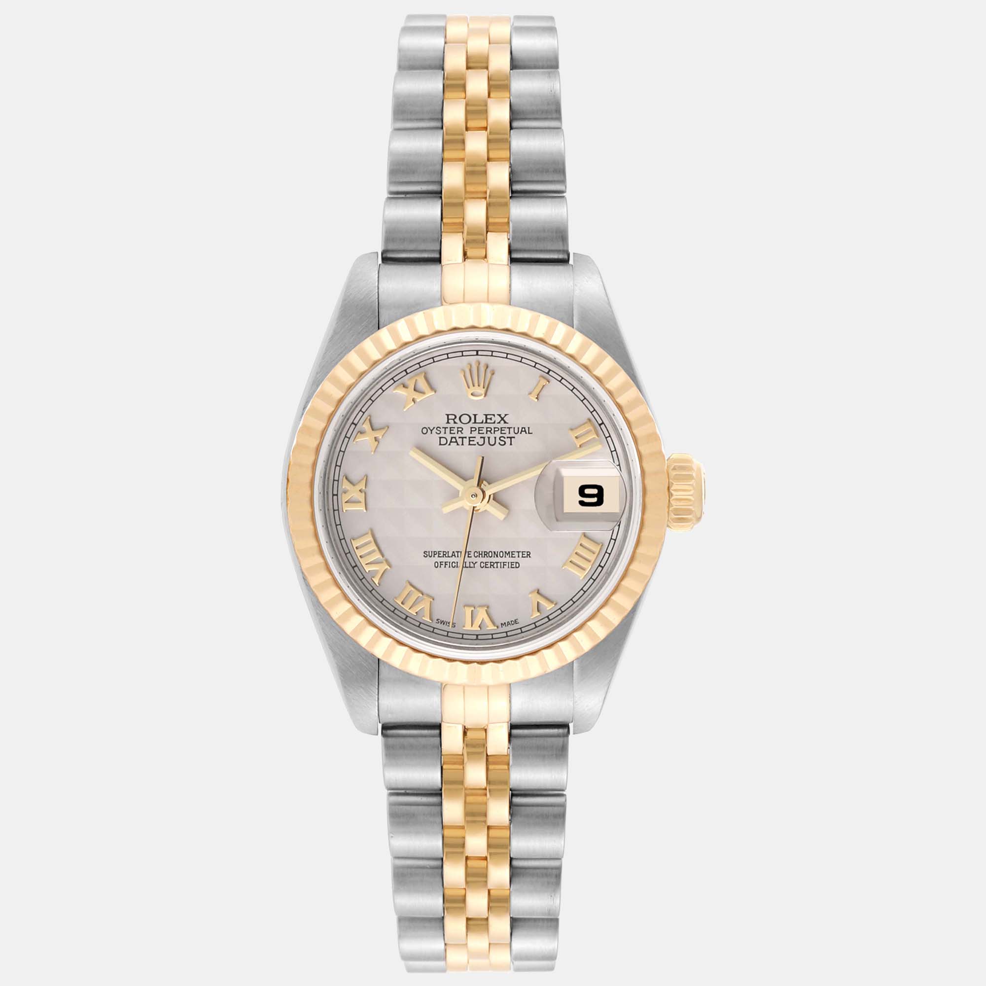 Rolex datejust steel yellow gold ivory pyramid dial ladies watch 79173 26 mm
